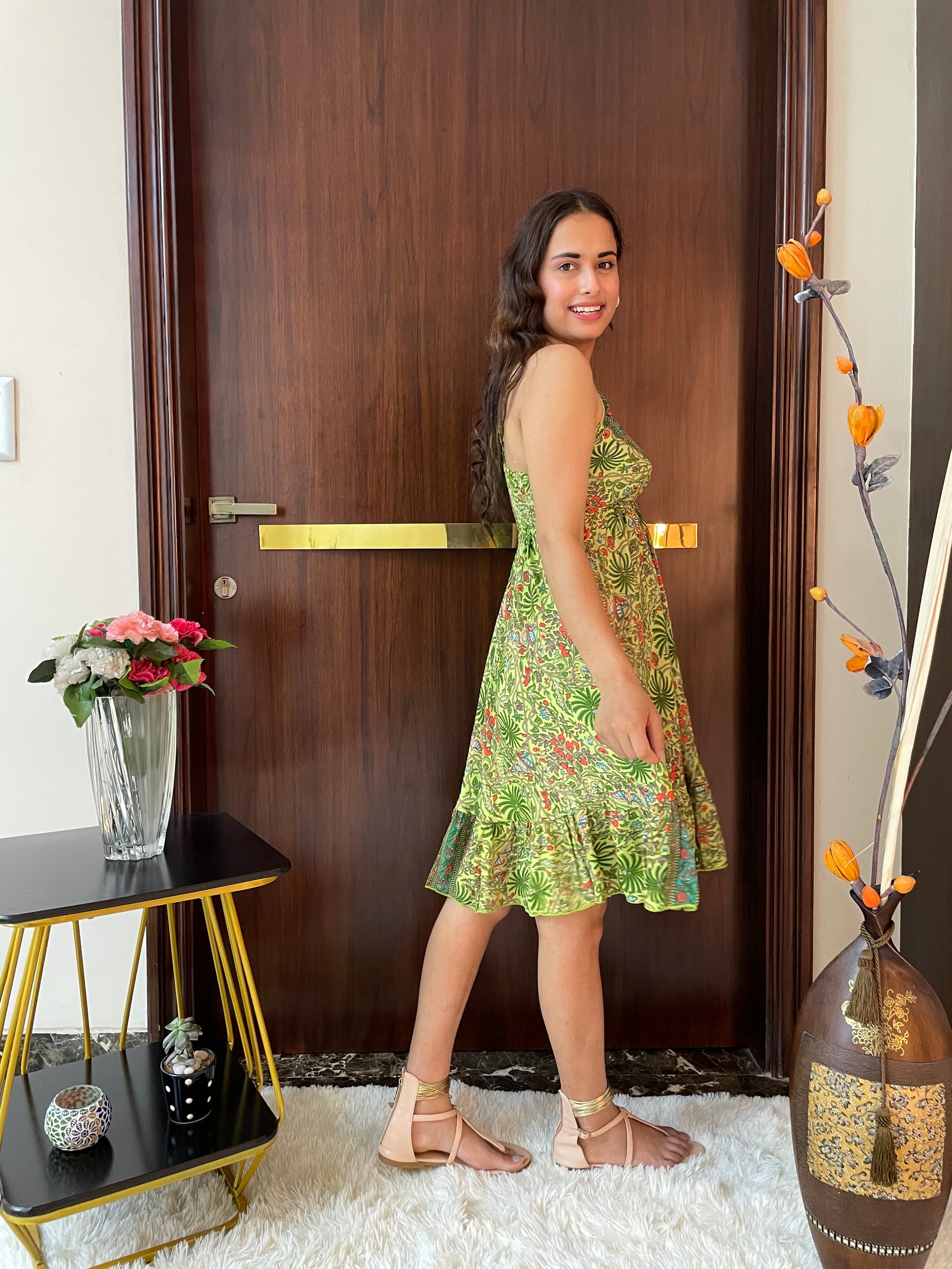 Ruffle Hem Boho Printed Short Dress in Green