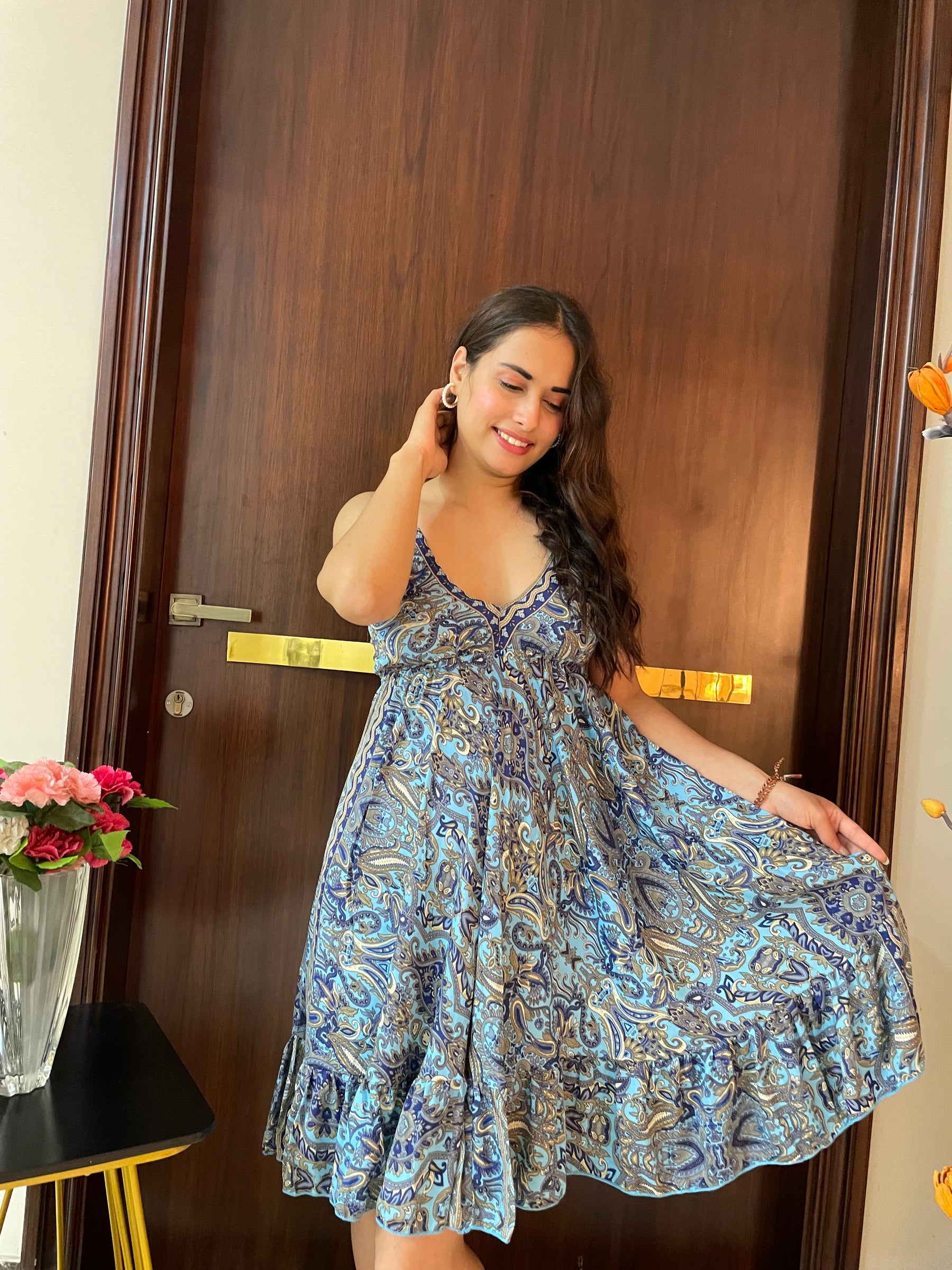 Ruffle Hem Boho Printed Short Dress in Blue
