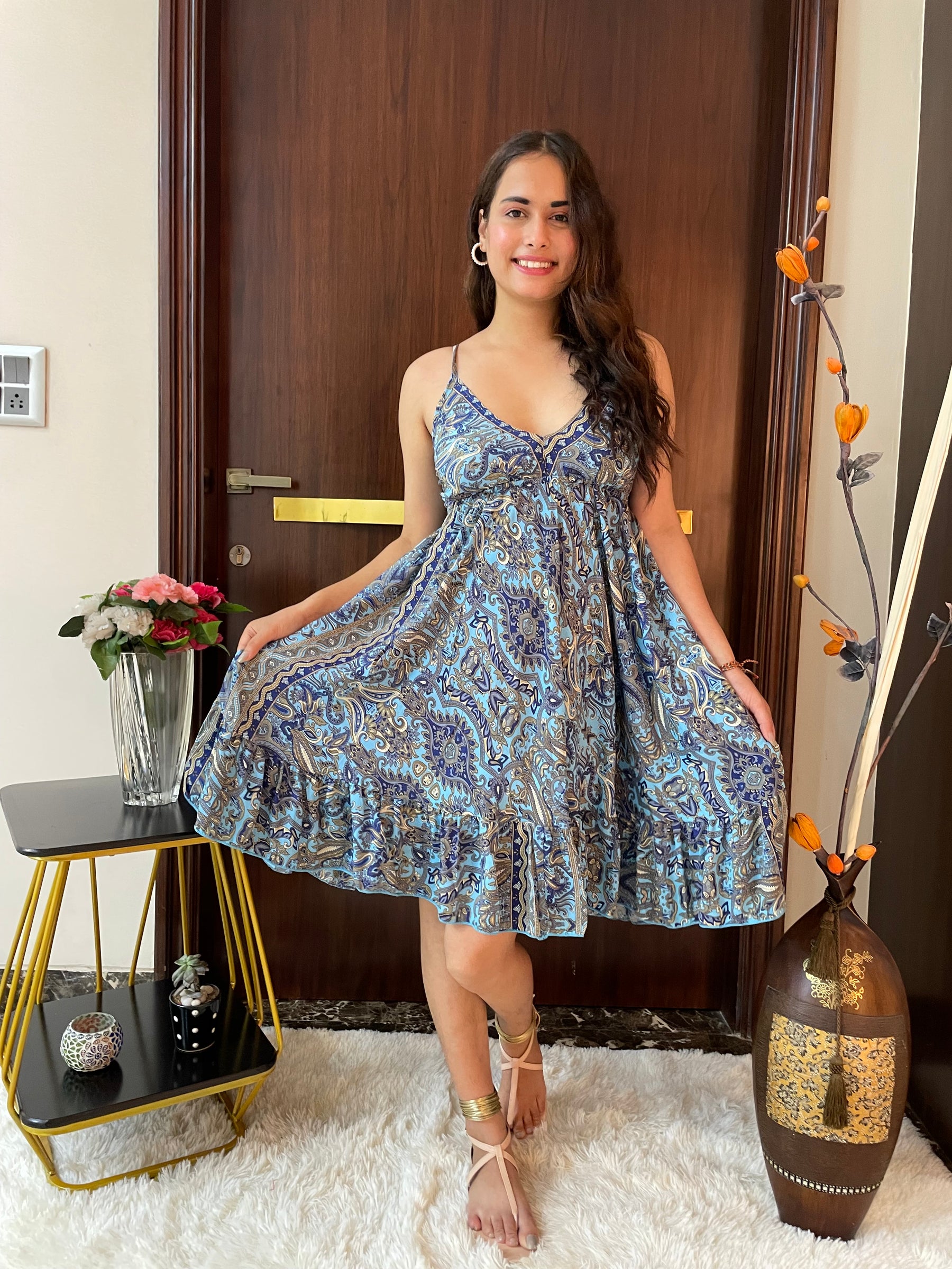 Ruffle Hem Boho Printed Short Dress in Blue