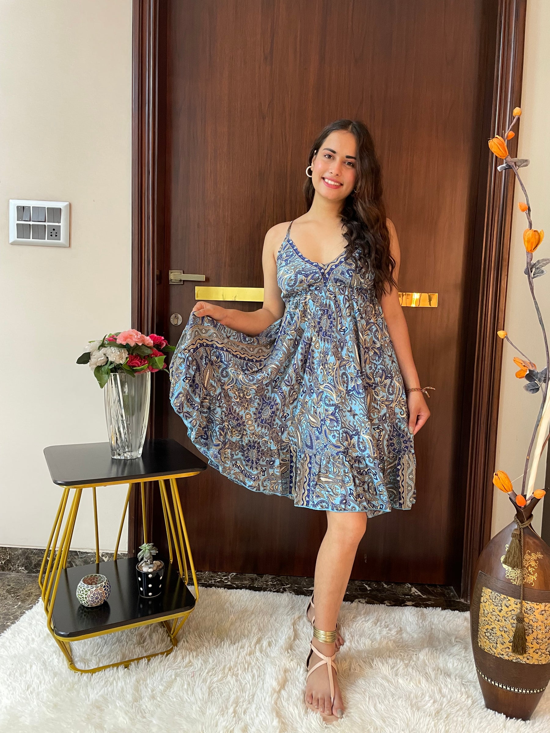 Ruffle Hem Boho Printed Short Dress in Blue