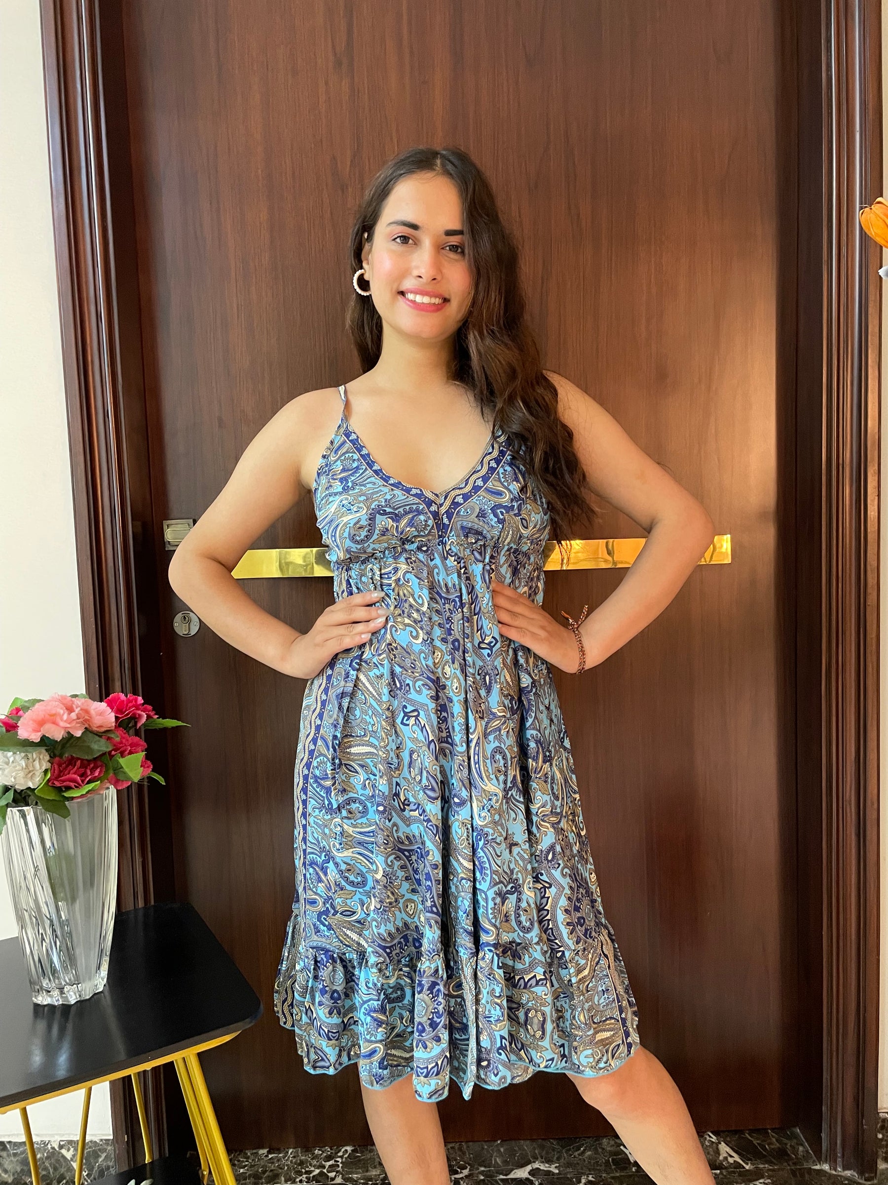 Ruffle Hem Boho Printed Short Dress in Blue