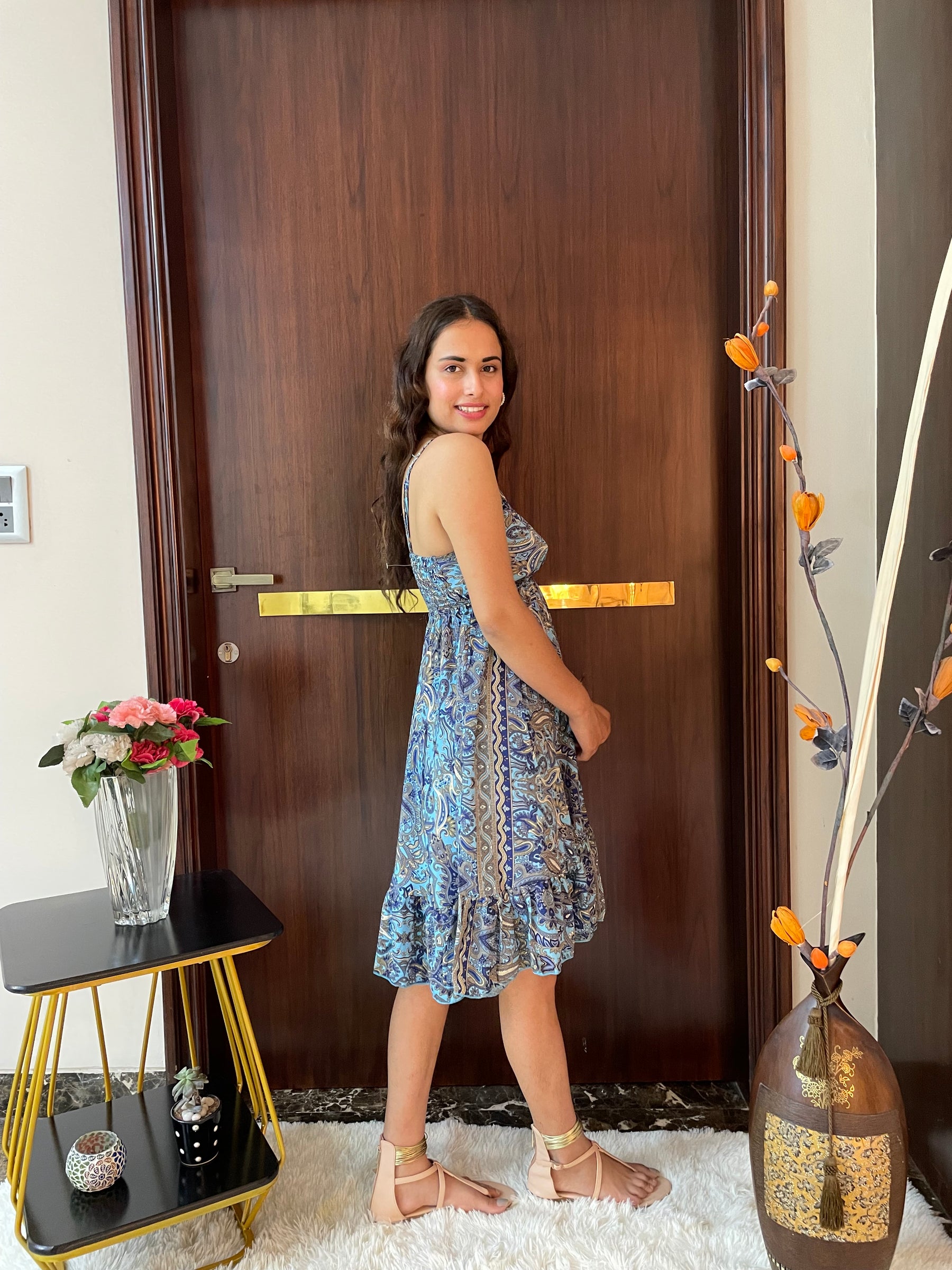 Ruffle Hem Boho Printed Short Dress in Blue