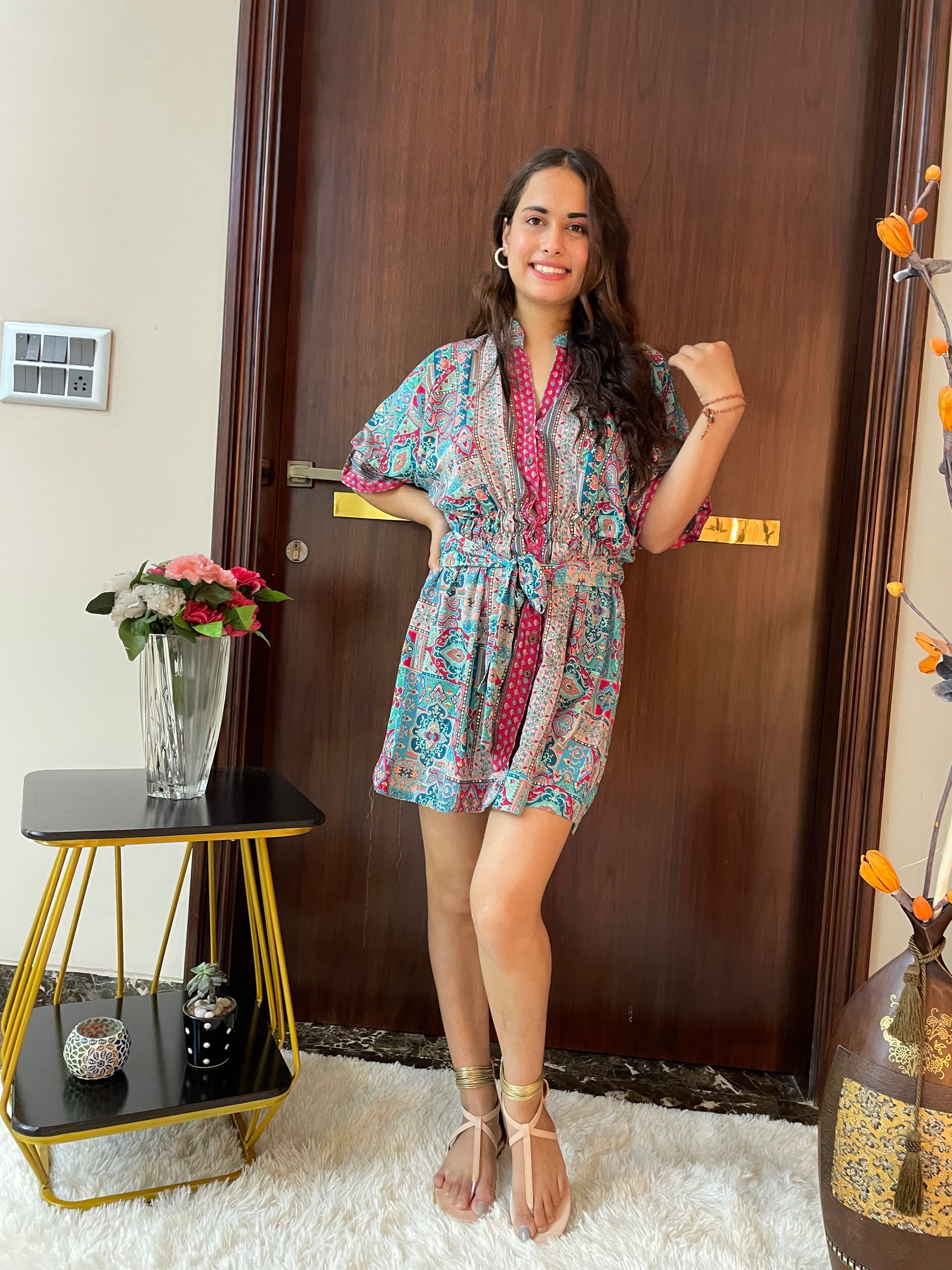 Balloon Sleeves Foil Boho Print Shirt Dress