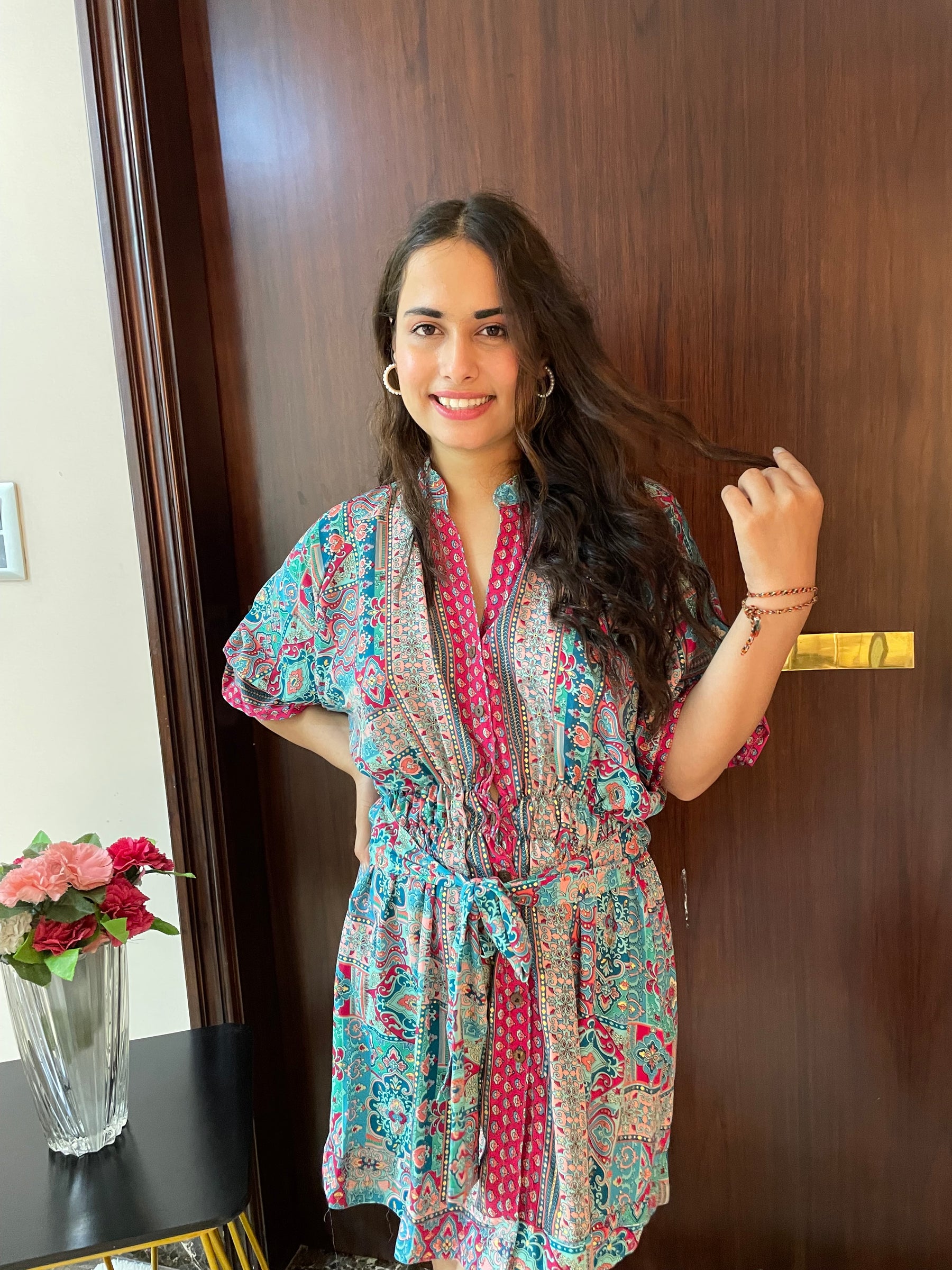 Balloon Sleeves Foil Boho Print Shirt Dress