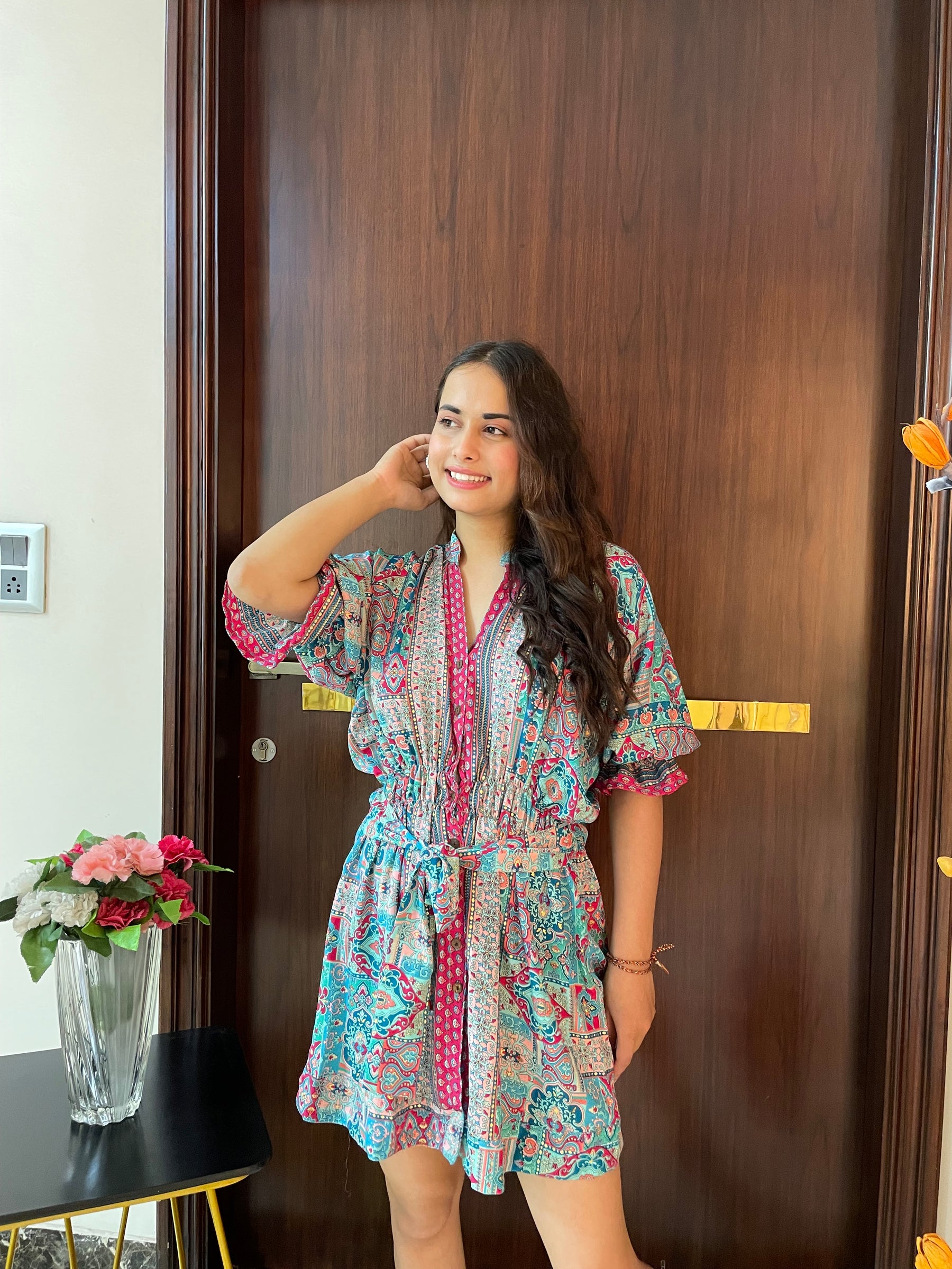 Balloon Sleeves Foil Boho Print Shirt Dress