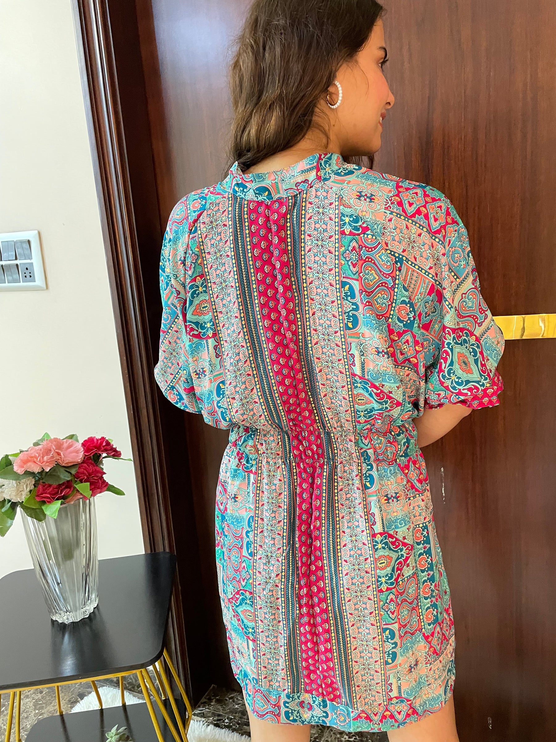 Balloon Sleeves Foil Boho Print Shirt Dress