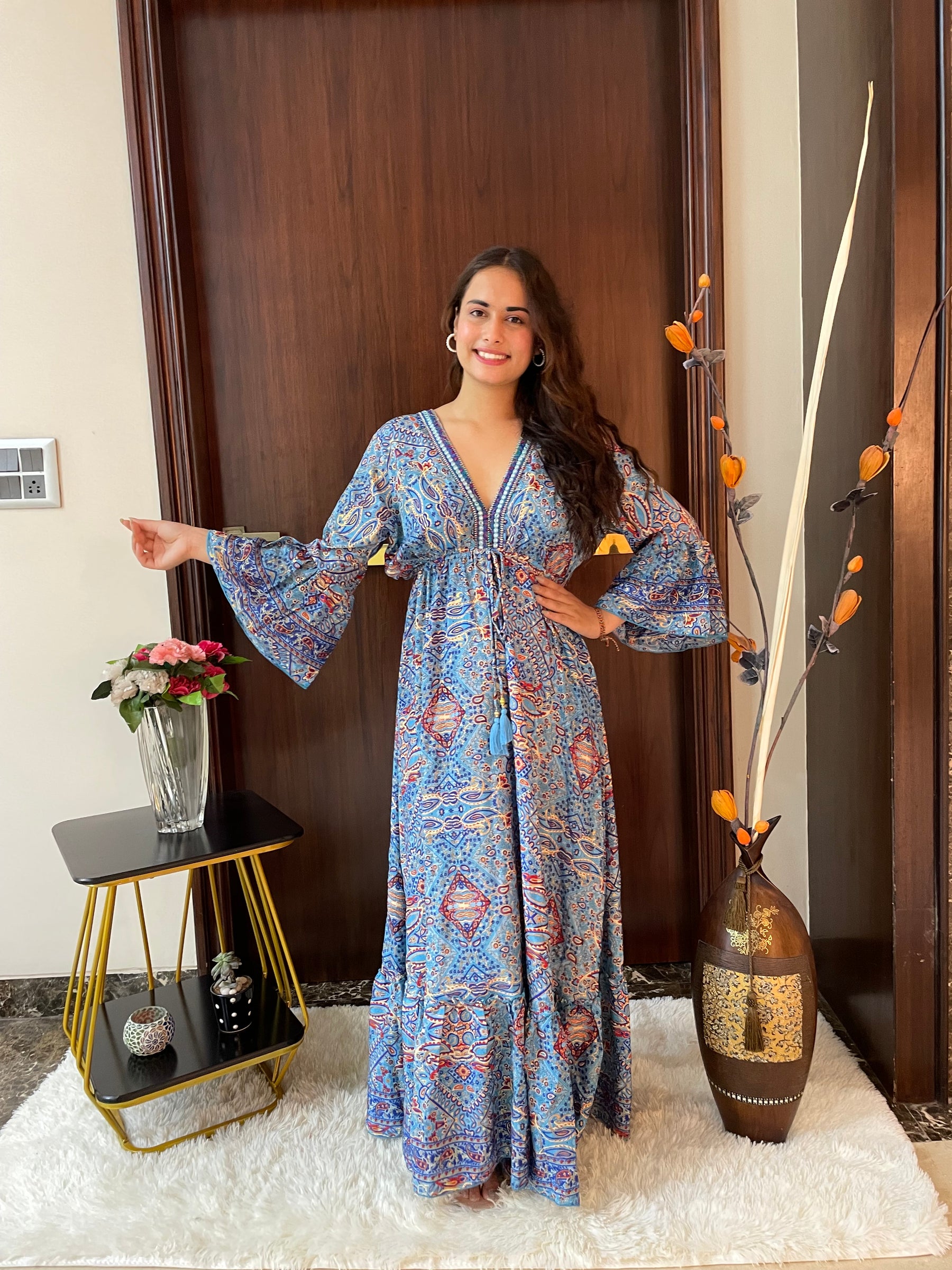 Embroidery Featured Boho Printed Bell Sleeves Maxi Dress Blue