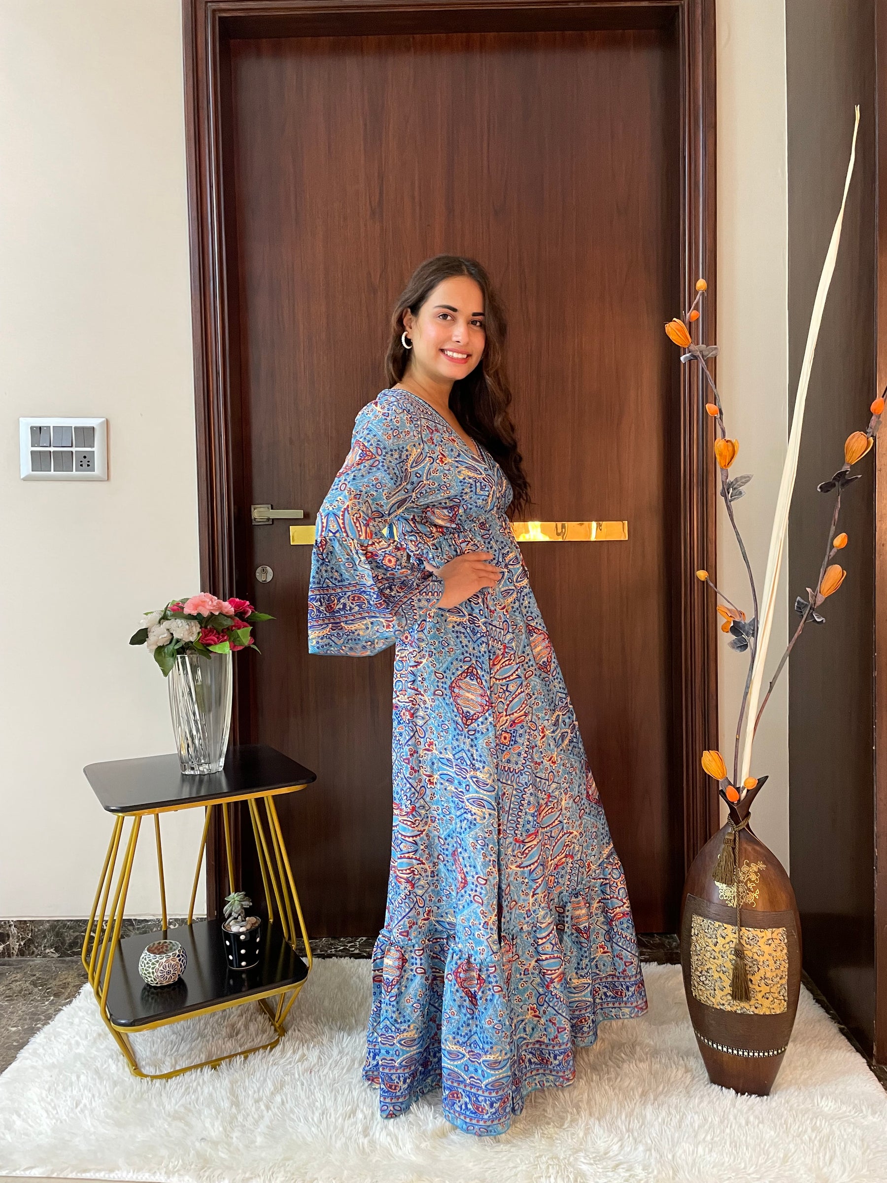 Embroidery Featured Boho Printed Bell Sleeves Maxi Dress Blue