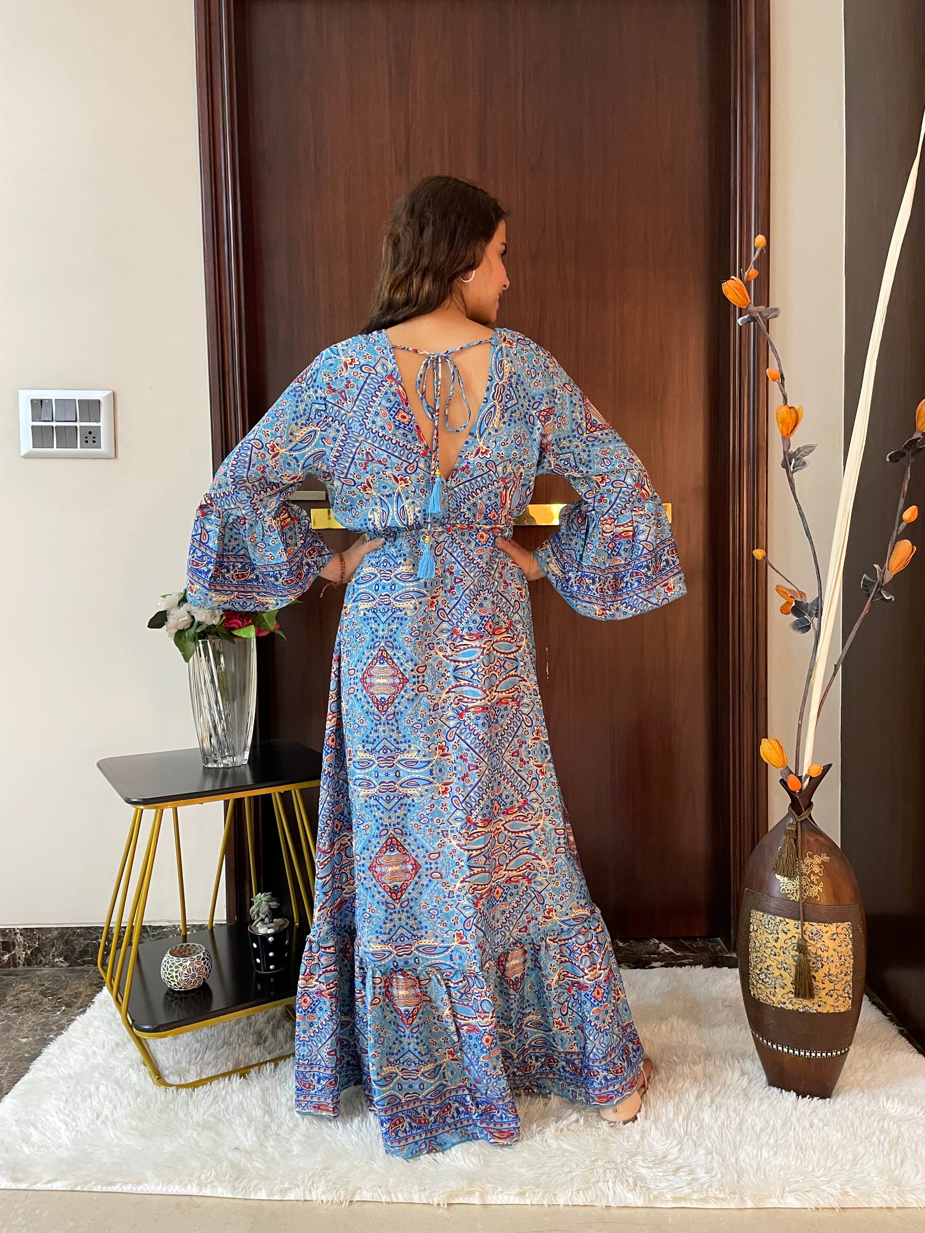 Embroidery Featured Boho Printed Bell Sleeves Maxi Dress Blue