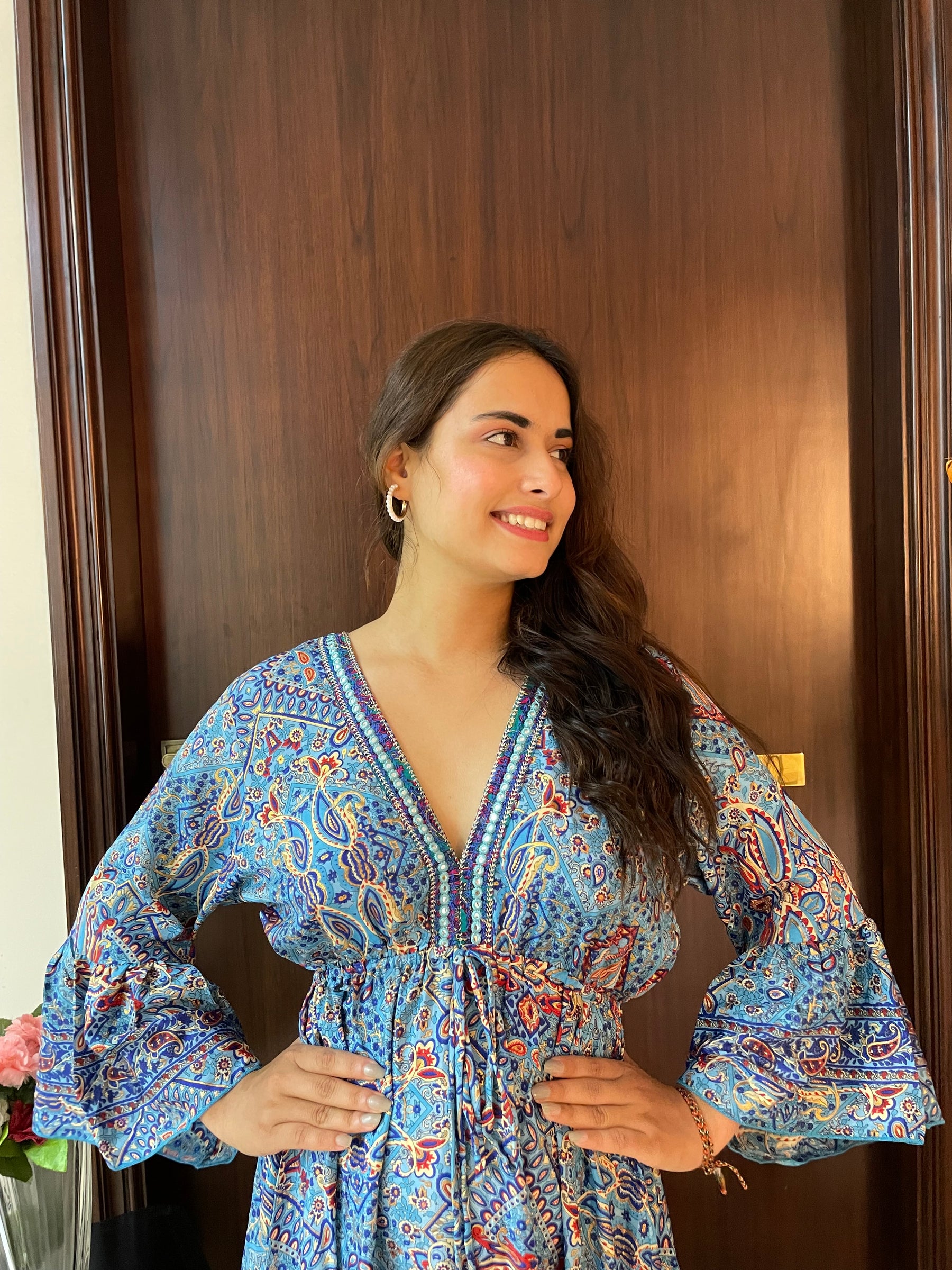Embroidery Featured Boho Printed Bell Sleeves Maxi Dress Blue