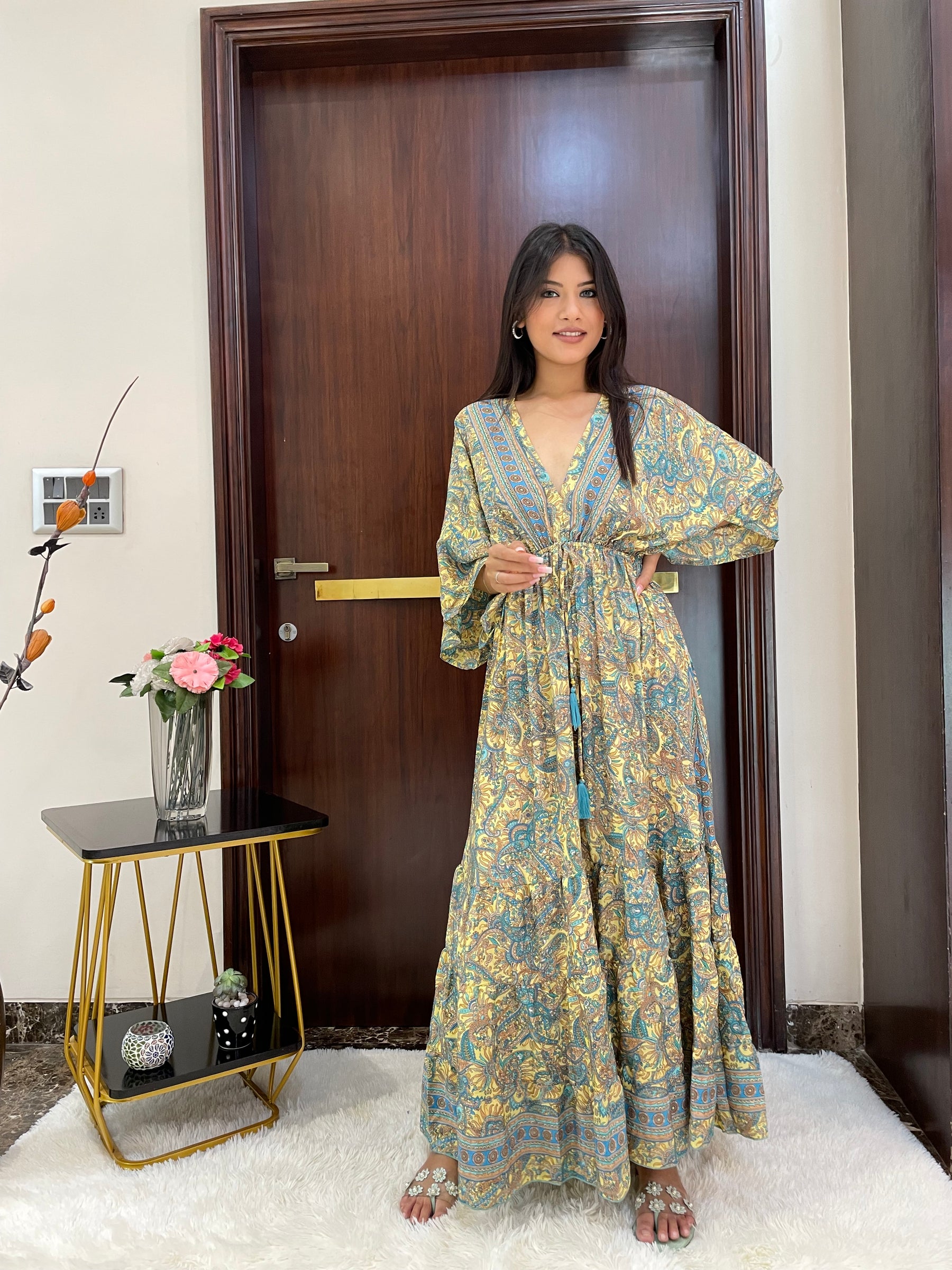 Kaftan pattern boho foil printed maxi dress in Yellow