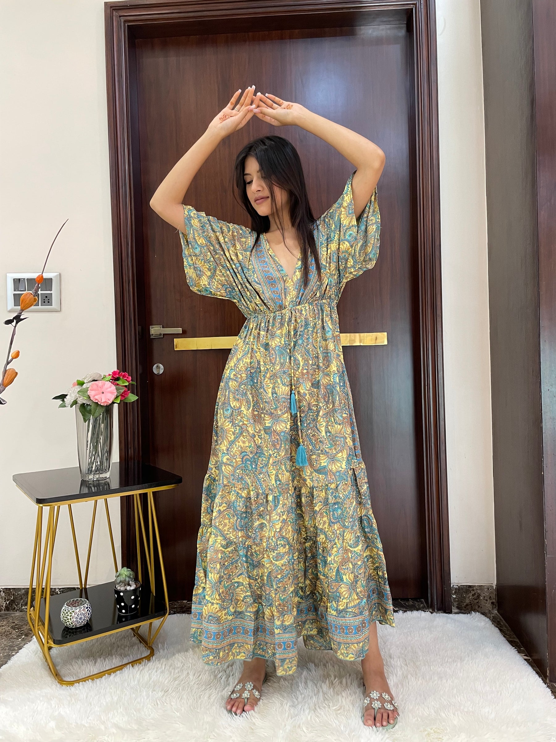 Kaftan pattern boho foil printed maxi dress in Yellow