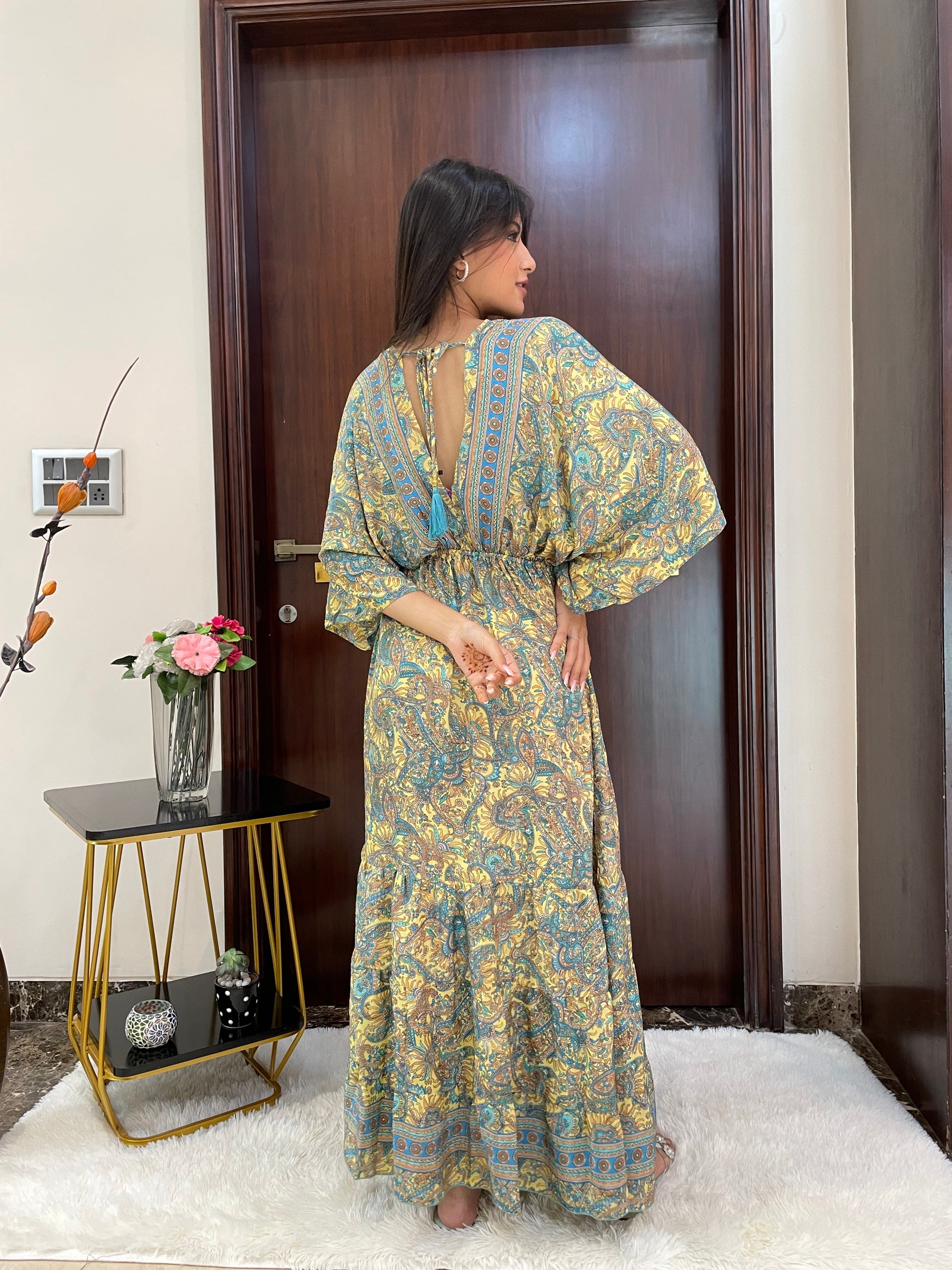 Kaftan pattern boho foil printed maxi dress in Yellow