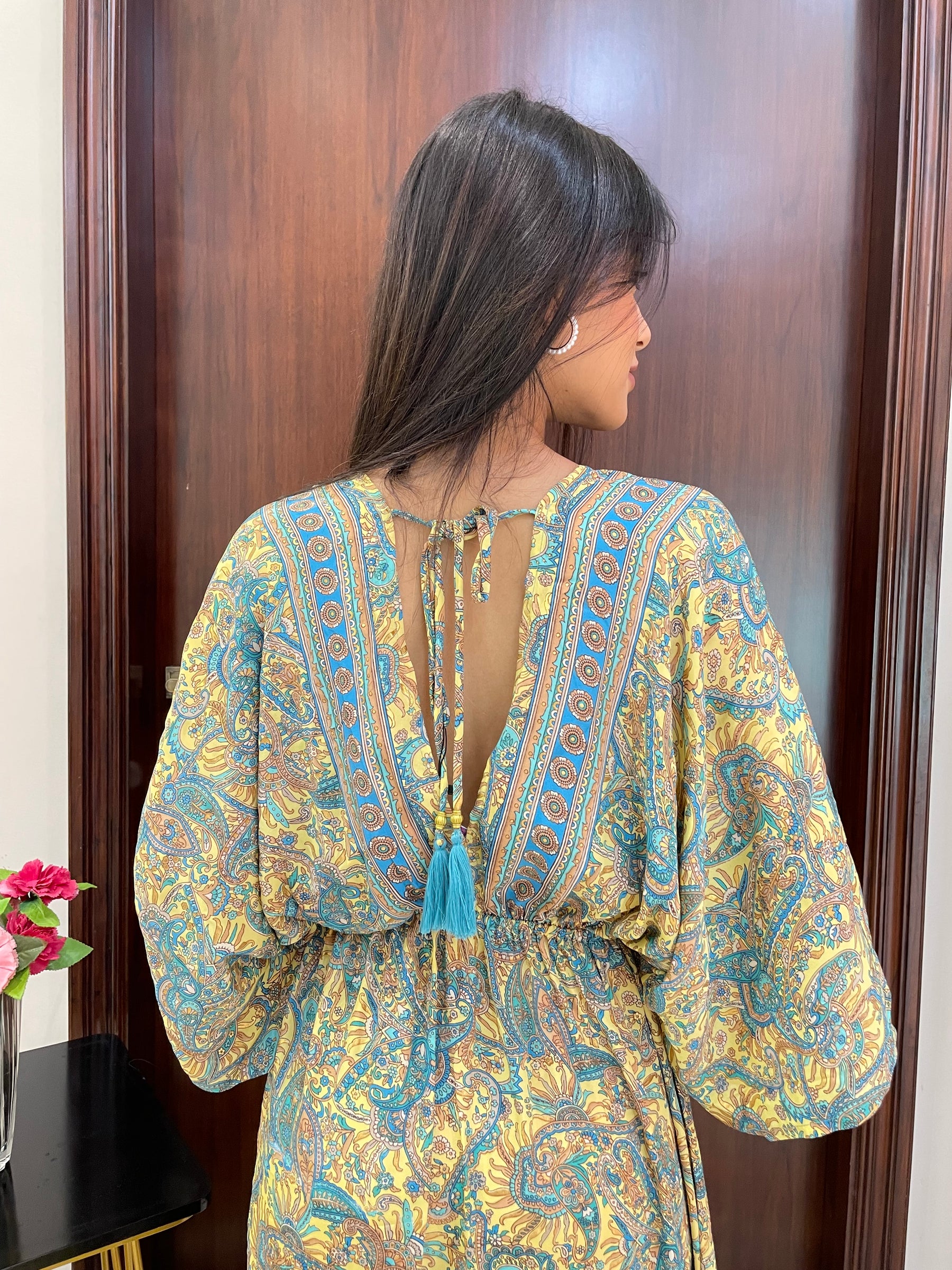 Kaftan pattern boho foil printed maxi dress in Yellow