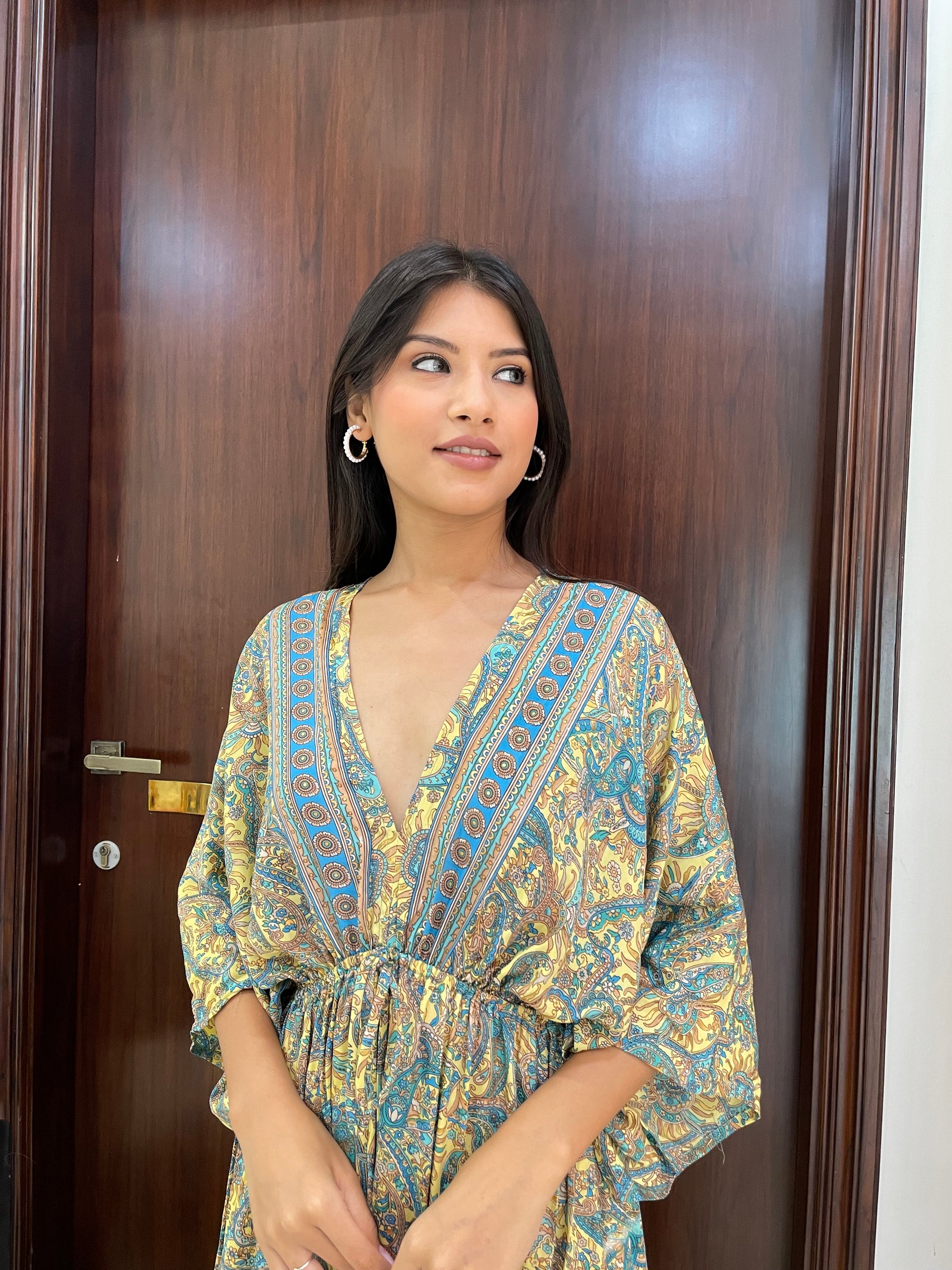 Kaftan pattern boho foil printed maxi dress in Yellow