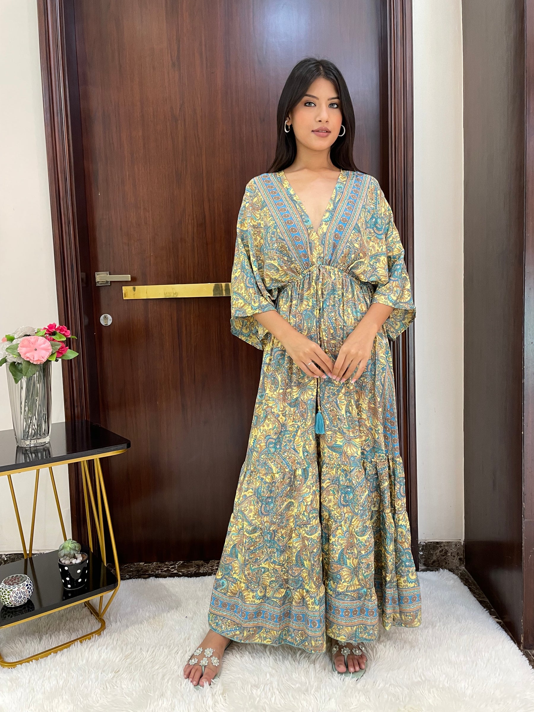 Kaftan pattern boho foil printed maxi dress in Yellow