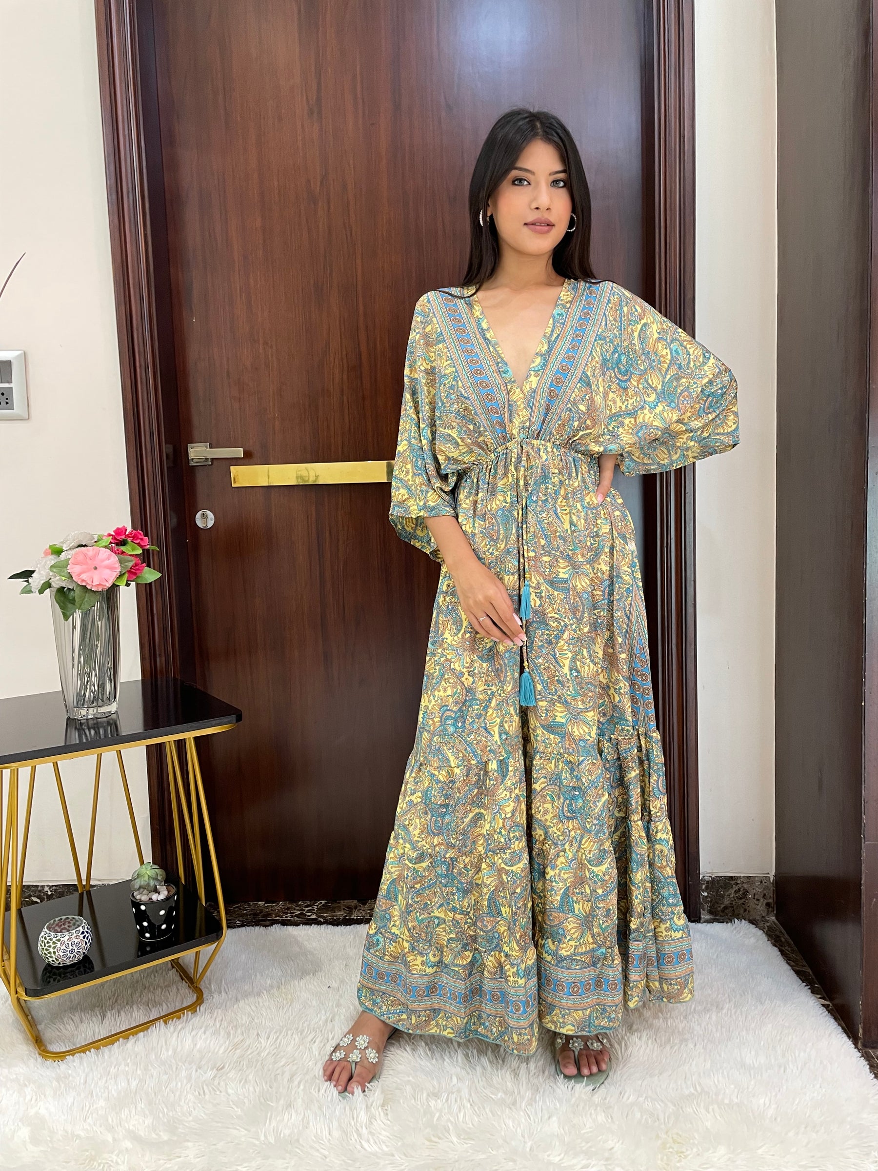 Kaftan pattern boho foil printed maxi dress in Yellow