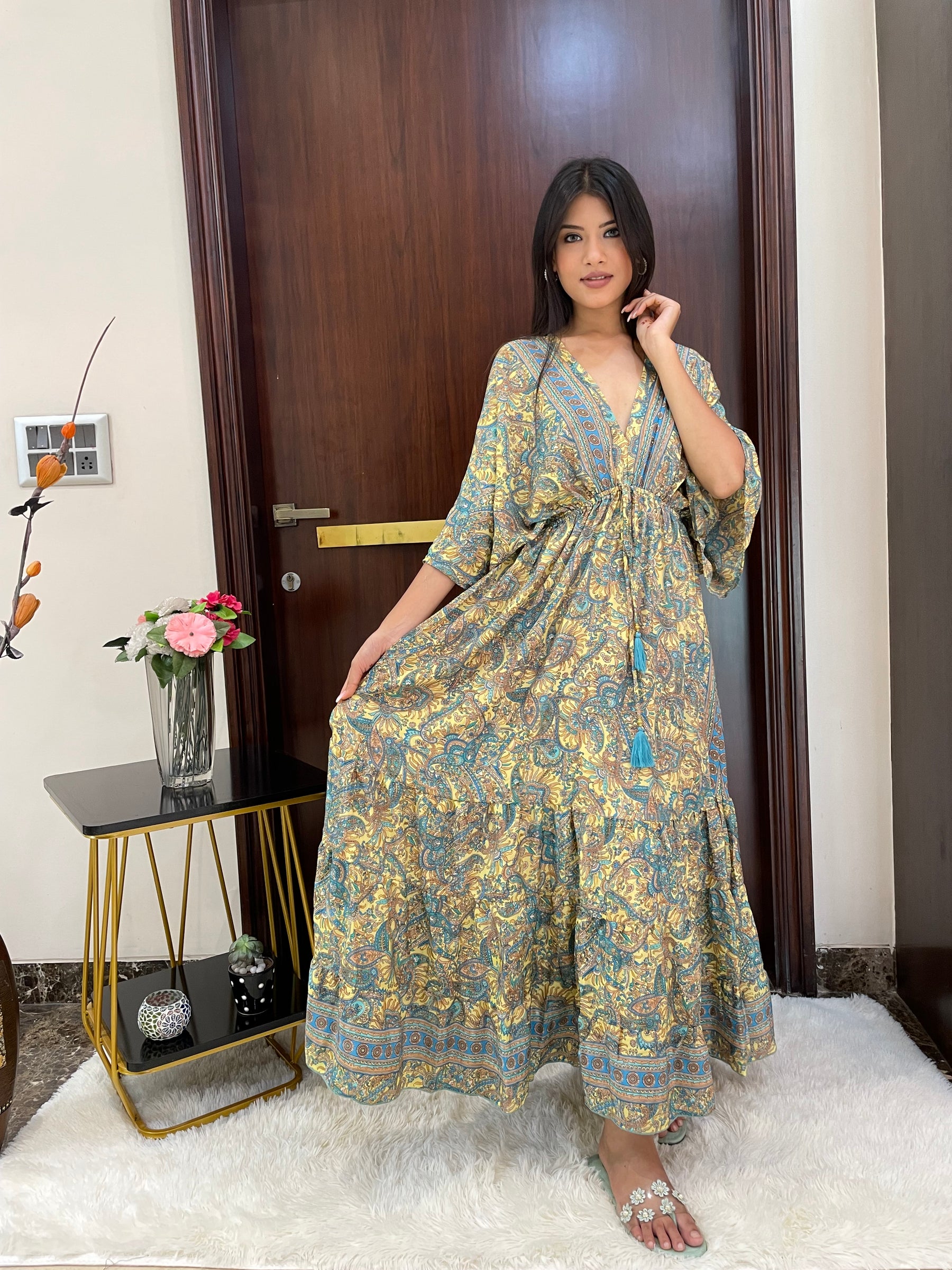 Kaftan pattern boho foil printed maxi dress in Yellow