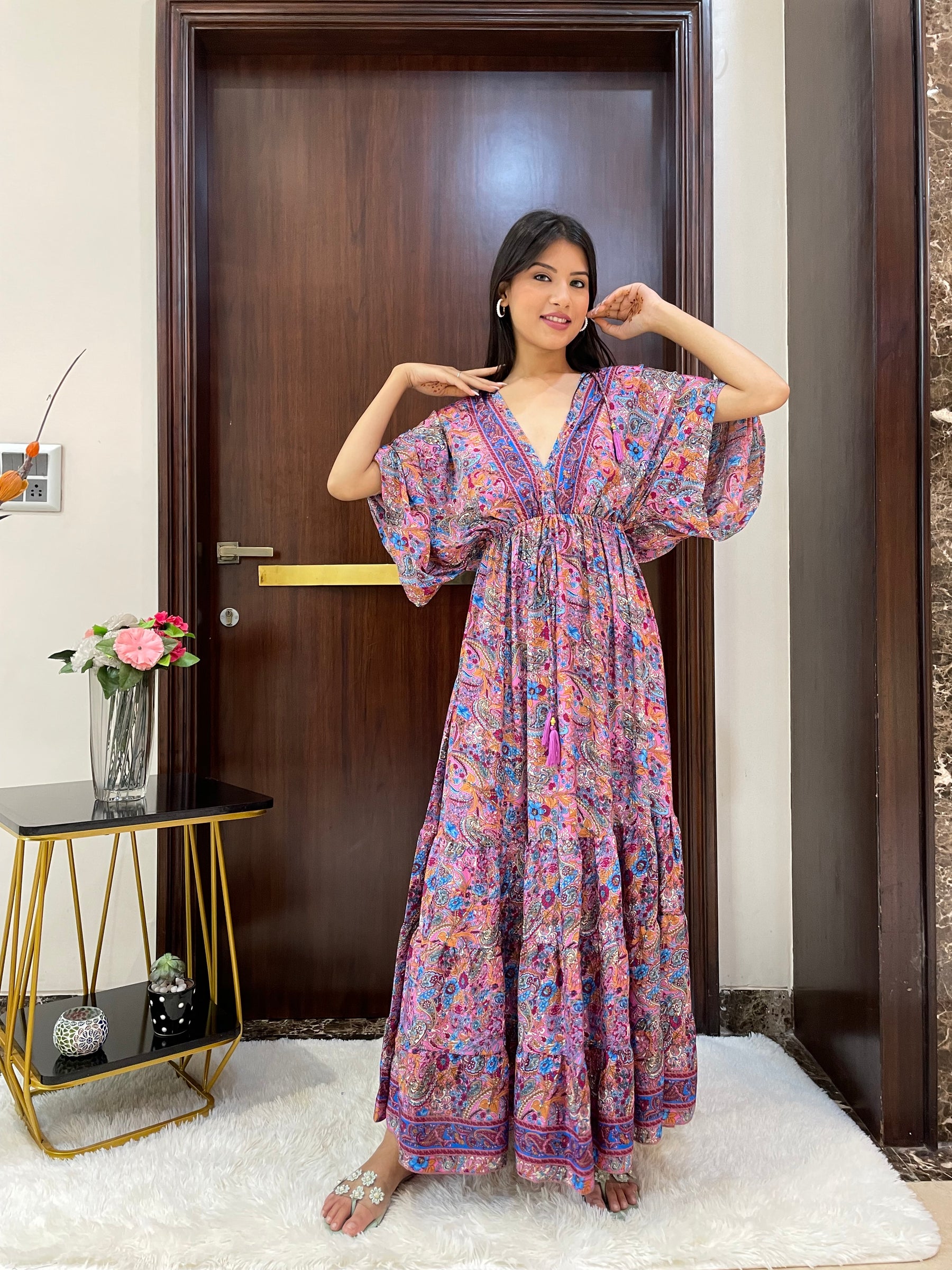 Kaftan pattern boho foil printed maxi dress in Pink