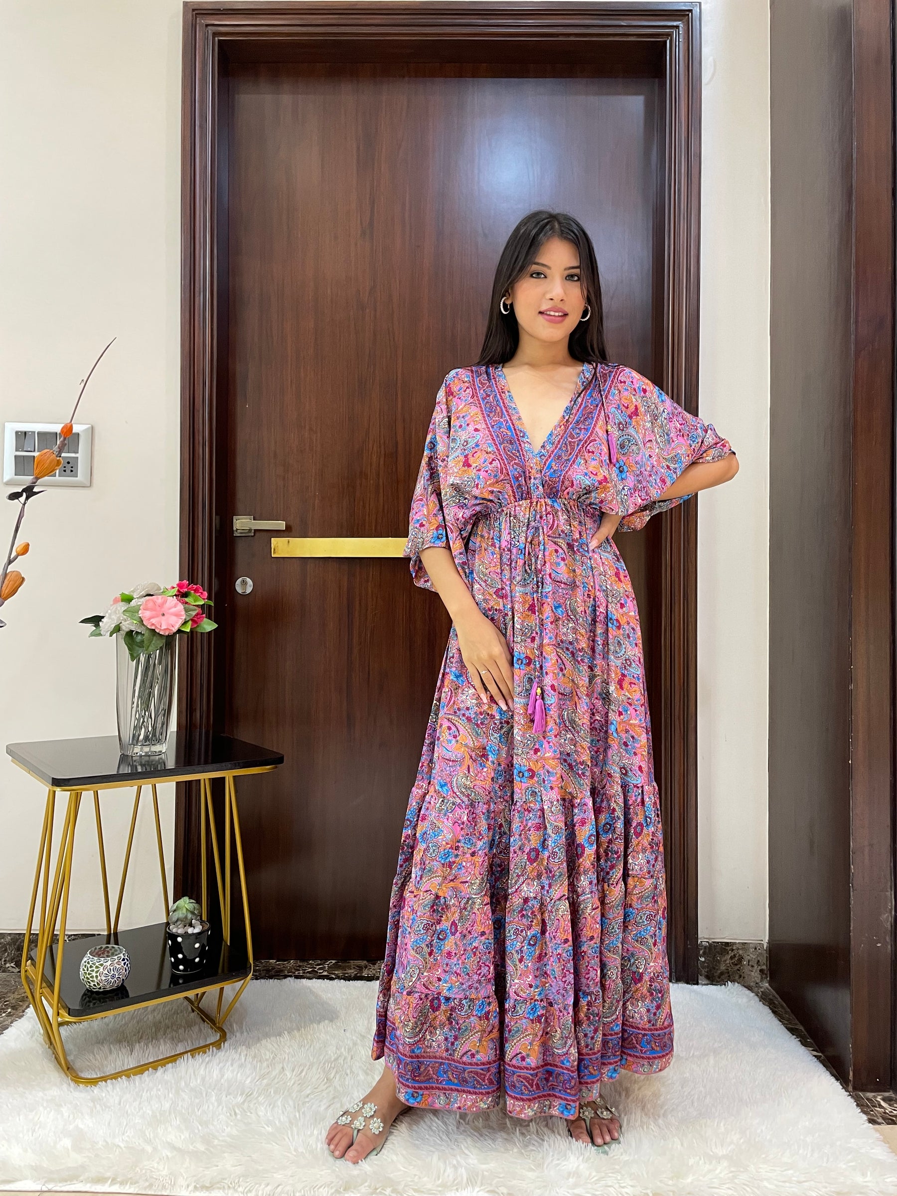 Kaftan pattern boho foil printed maxi dress in Pink
