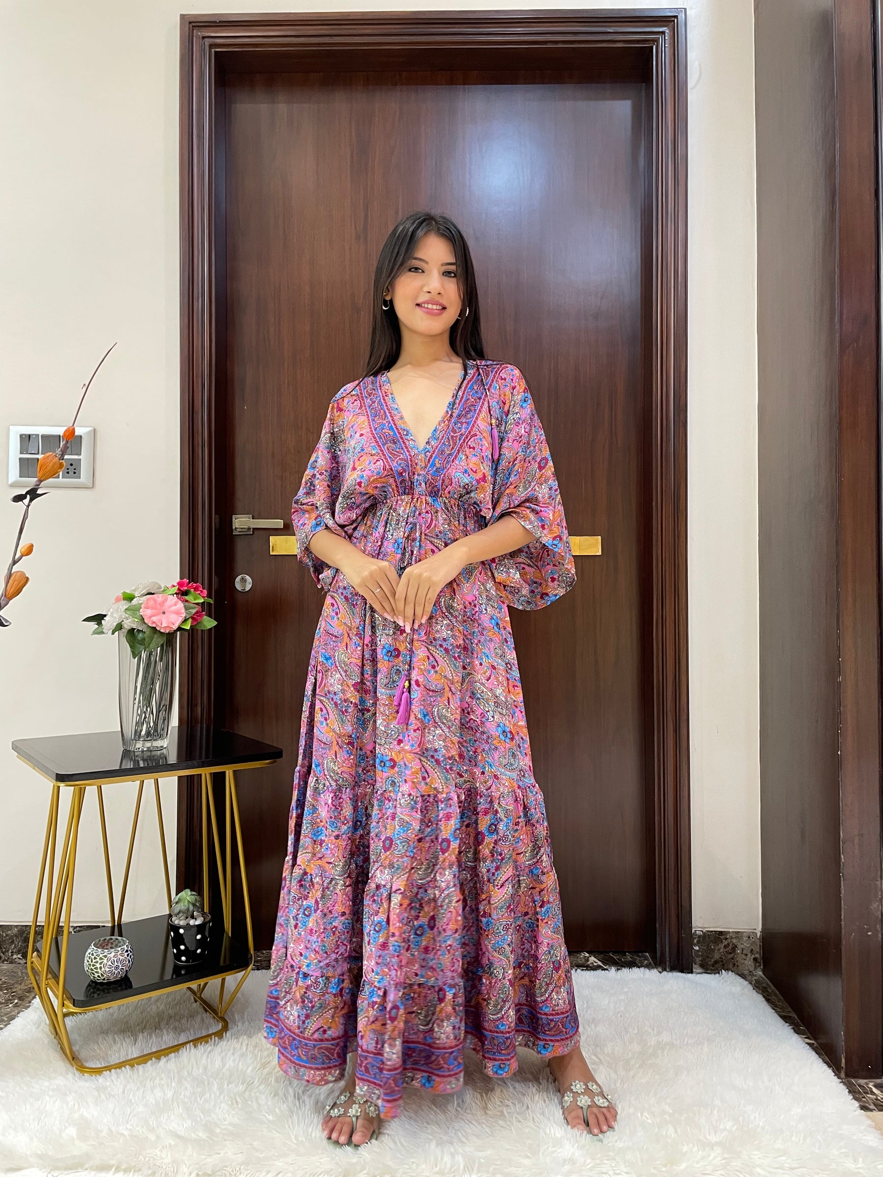 Kaftan pattern boho foil printed maxi dress in Pink