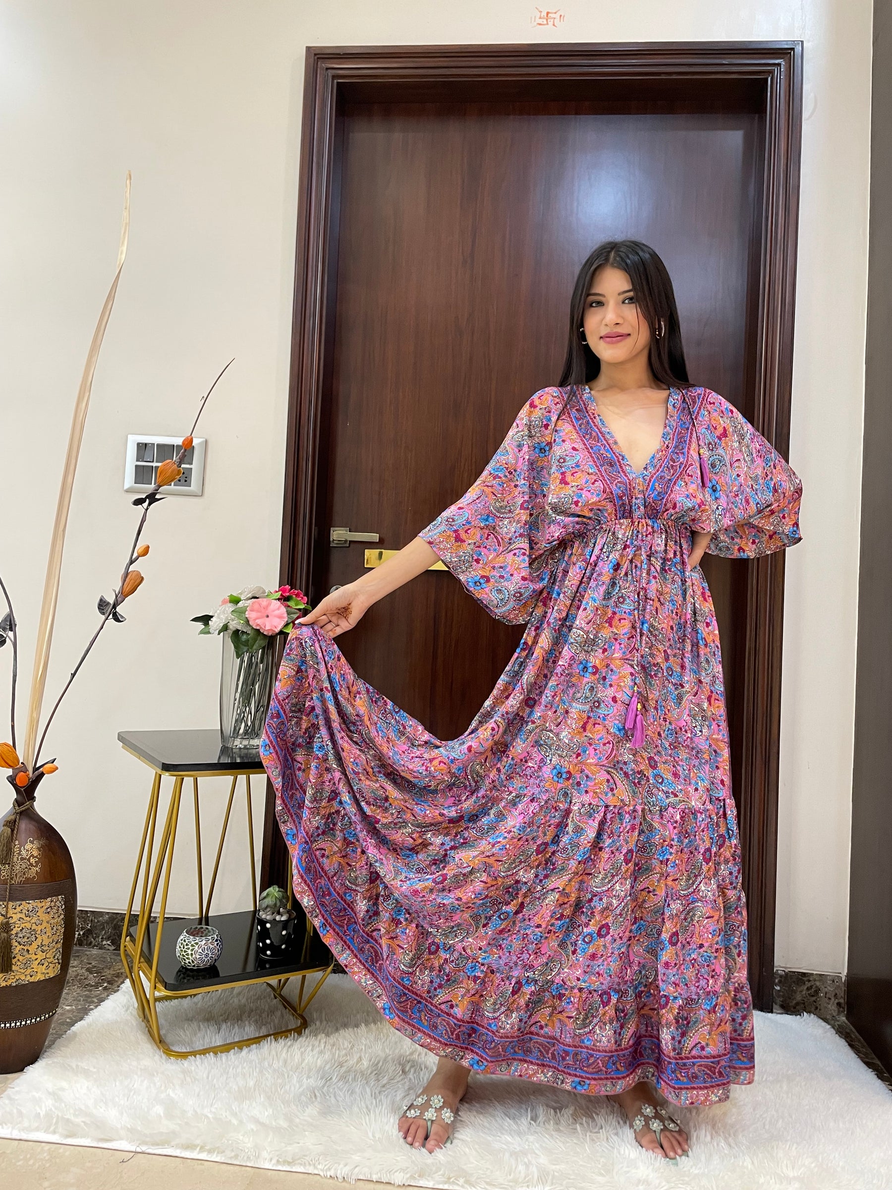Kaftan pattern boho foil printed maxi dress in Pink