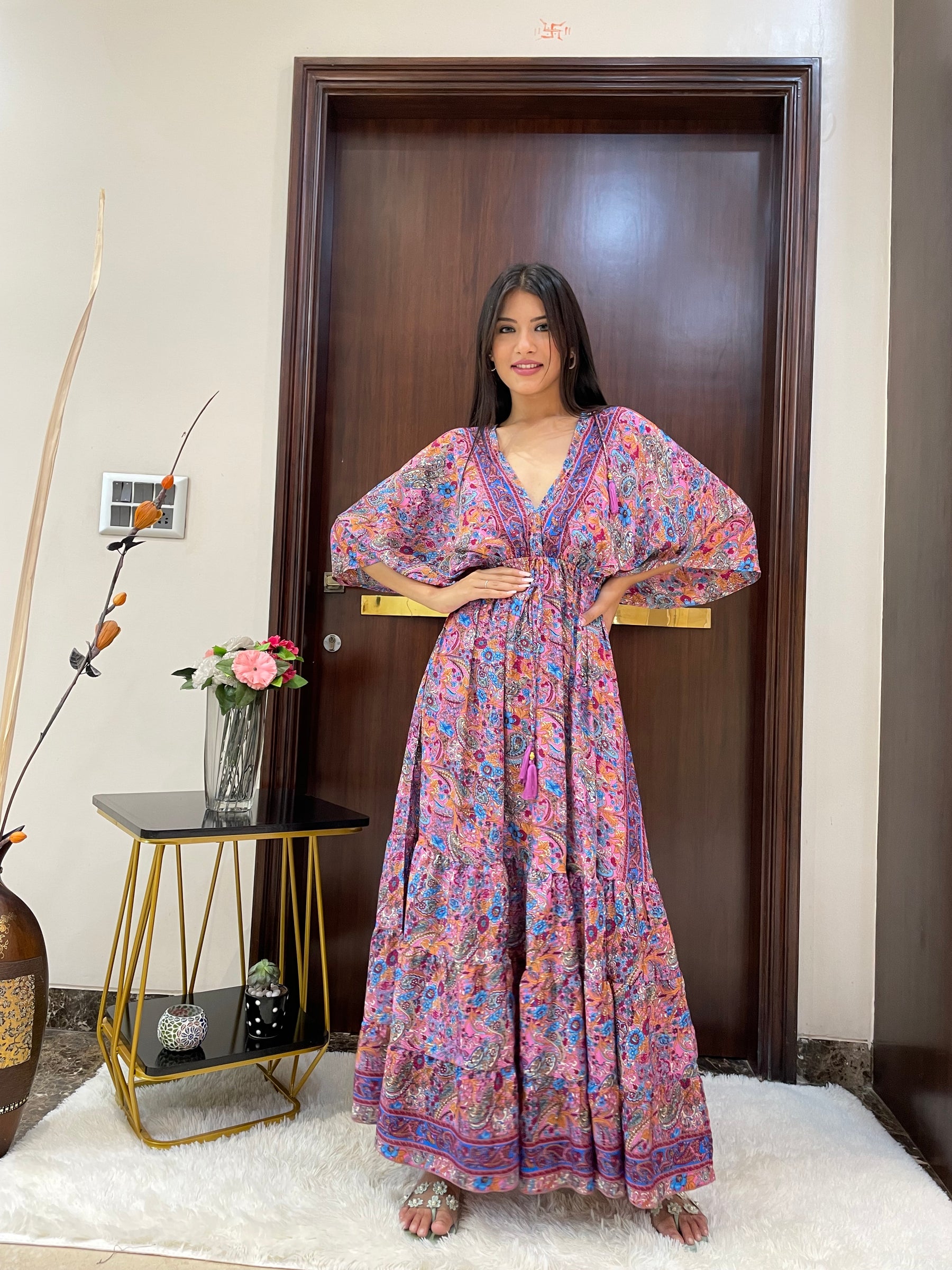 Kaftan pattern boho foil printed maxi dress in Pink
