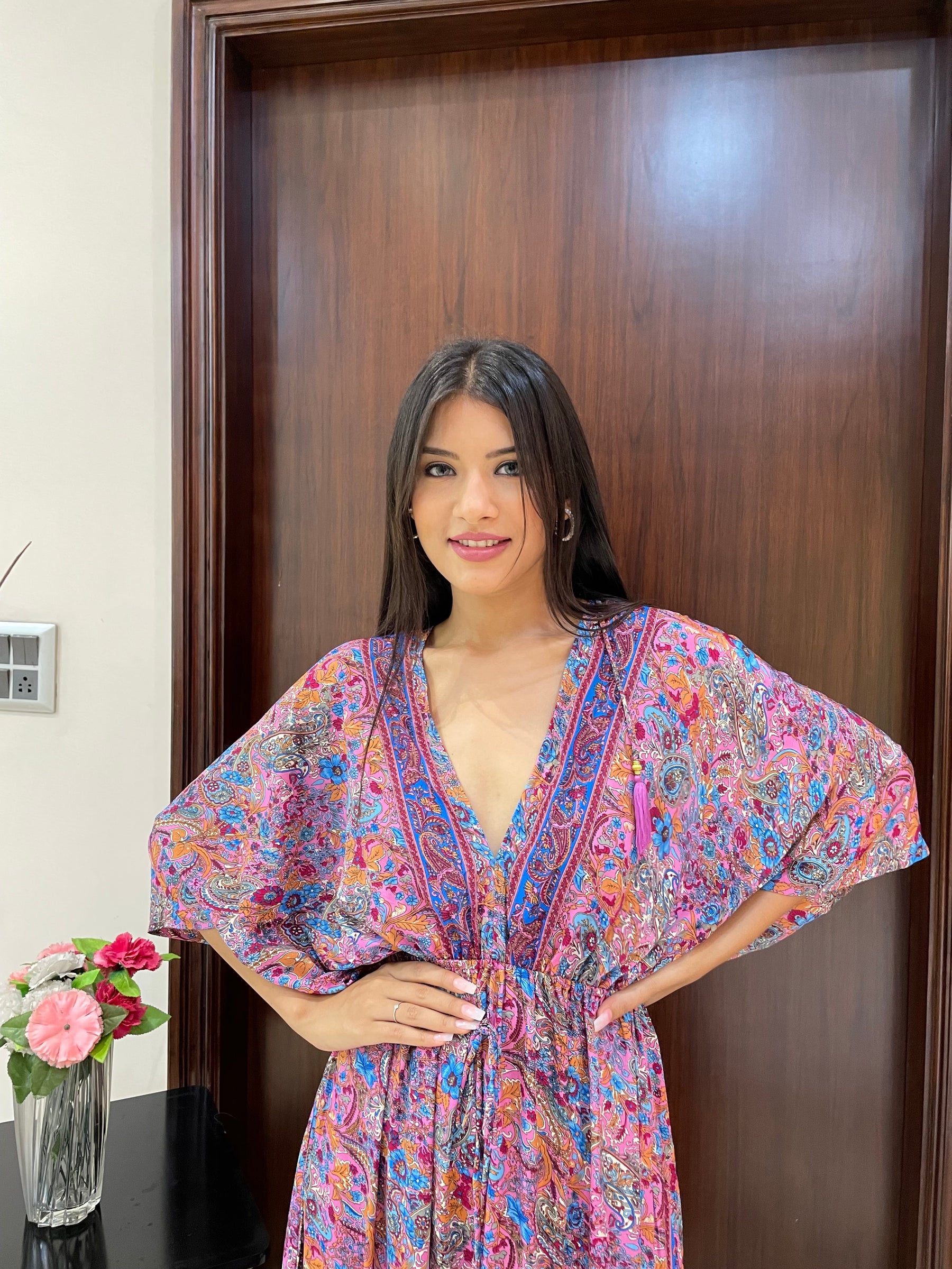 Kaftan pattern boho foil printed maxi dress in Pink