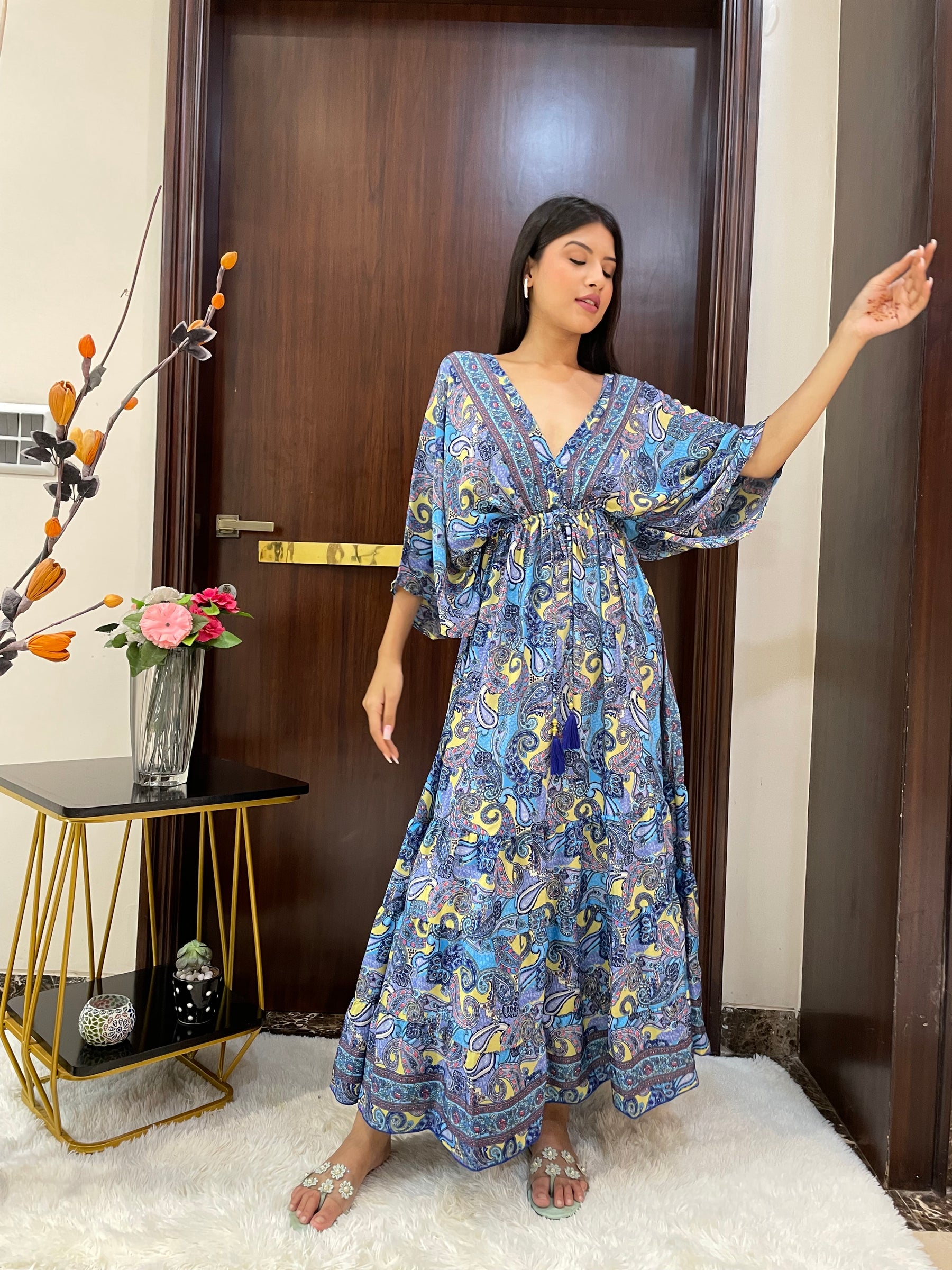 Kaftan pattern boho foil printed maxi dress in Blue