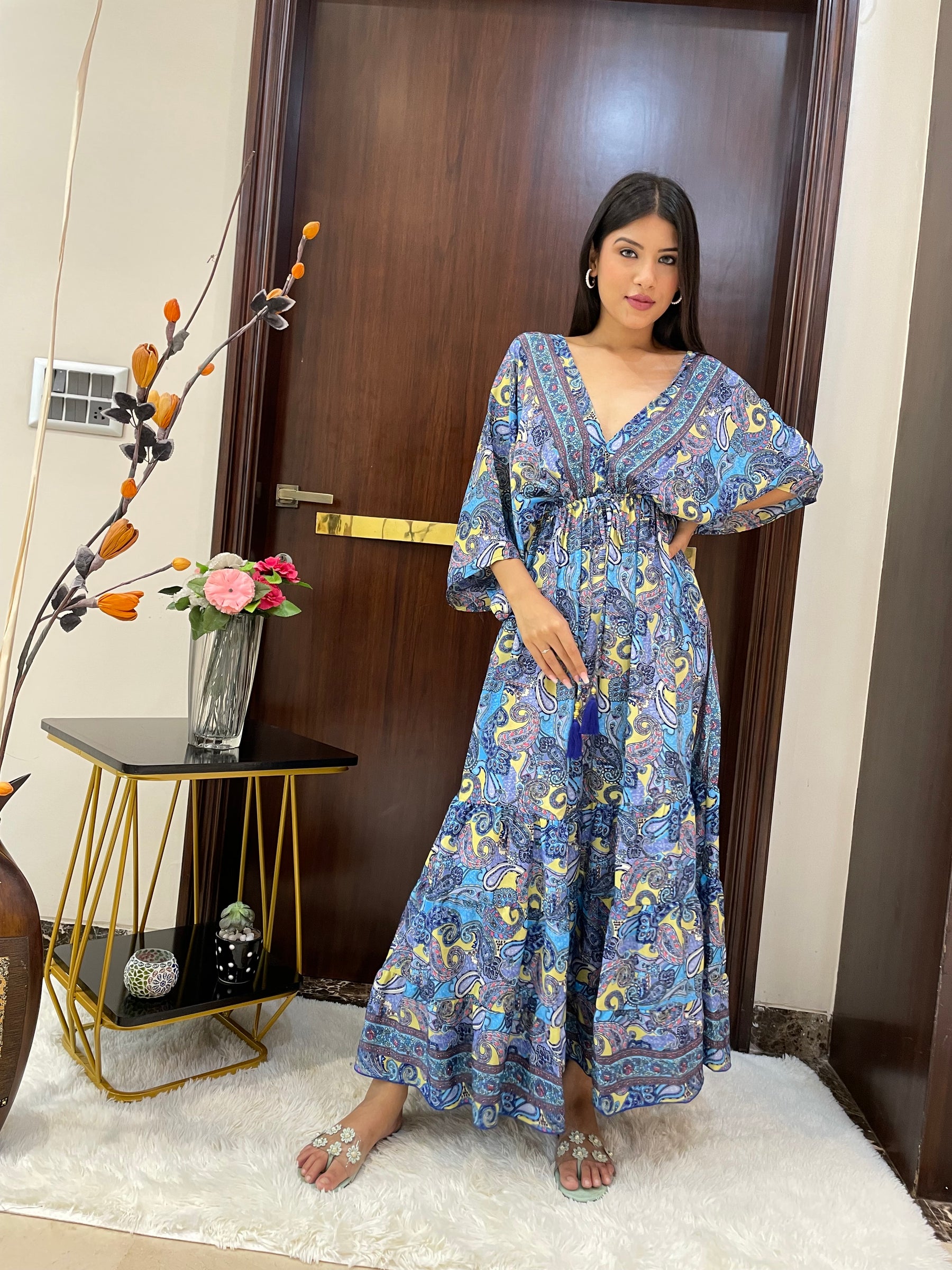 Kaftan pattern boho foil printed maxi dress in Blue