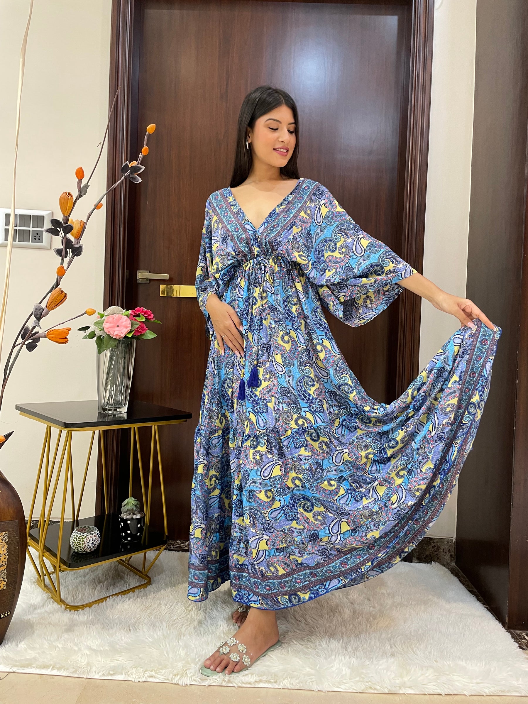 Kaftan pattern boho foil printed maxi dress in Blue
