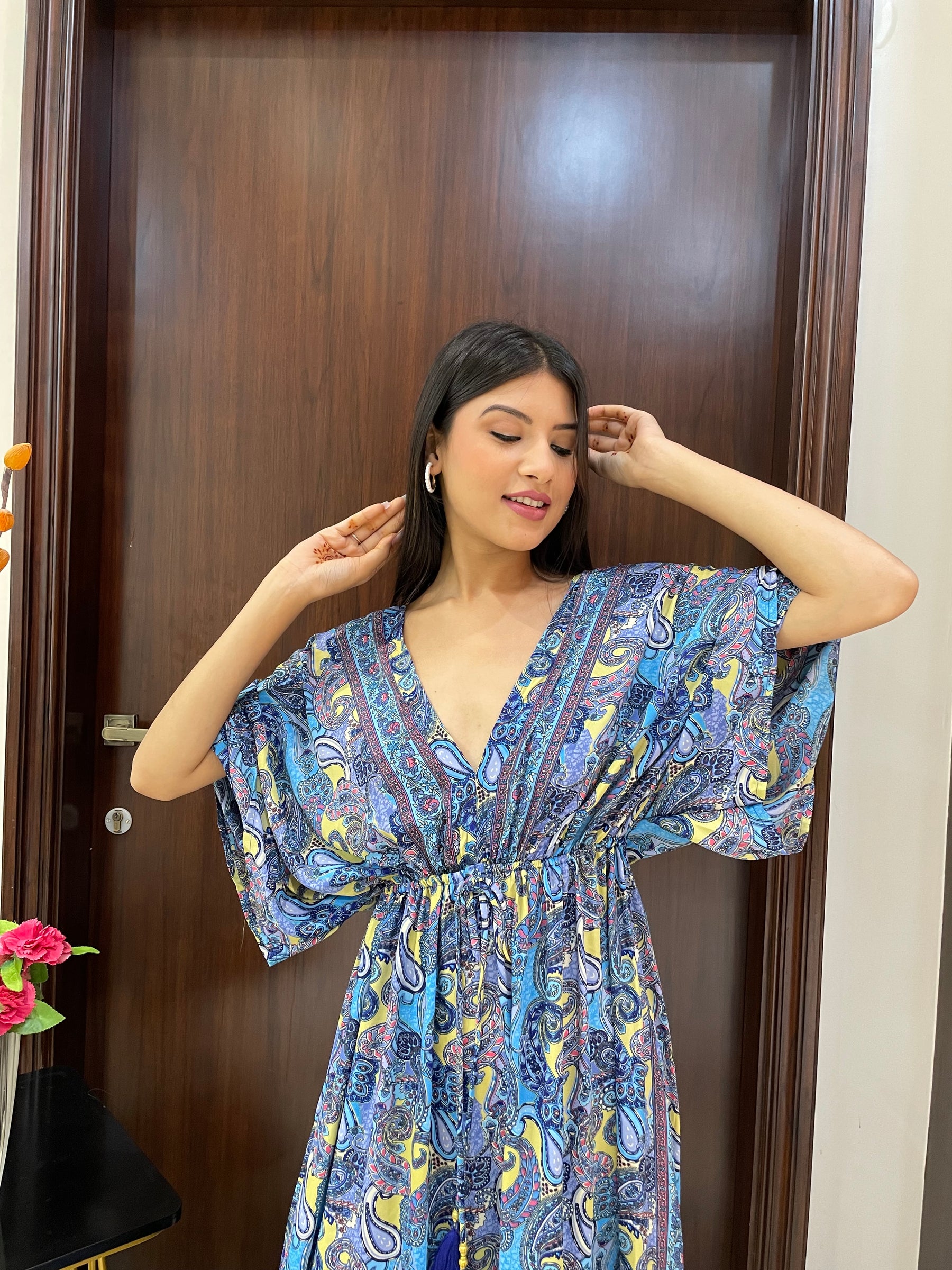 Kaftan pattern boho foil printed maxi dress in Blue