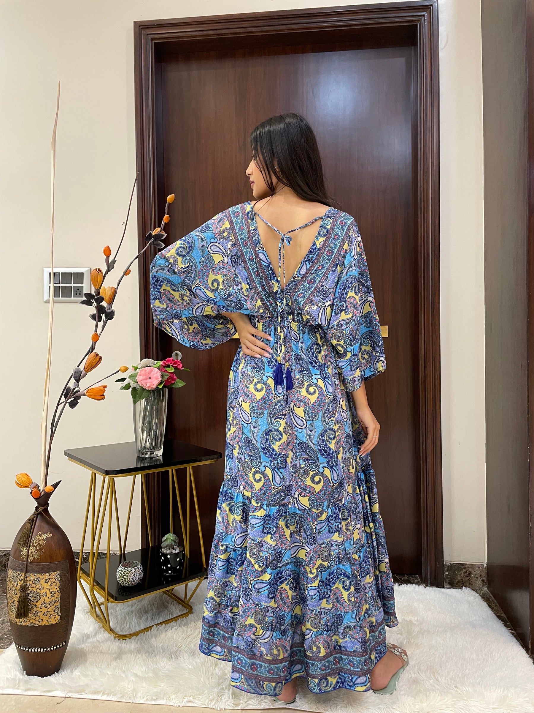 Kaftan pattern boho foil printed maxi dress in Blue