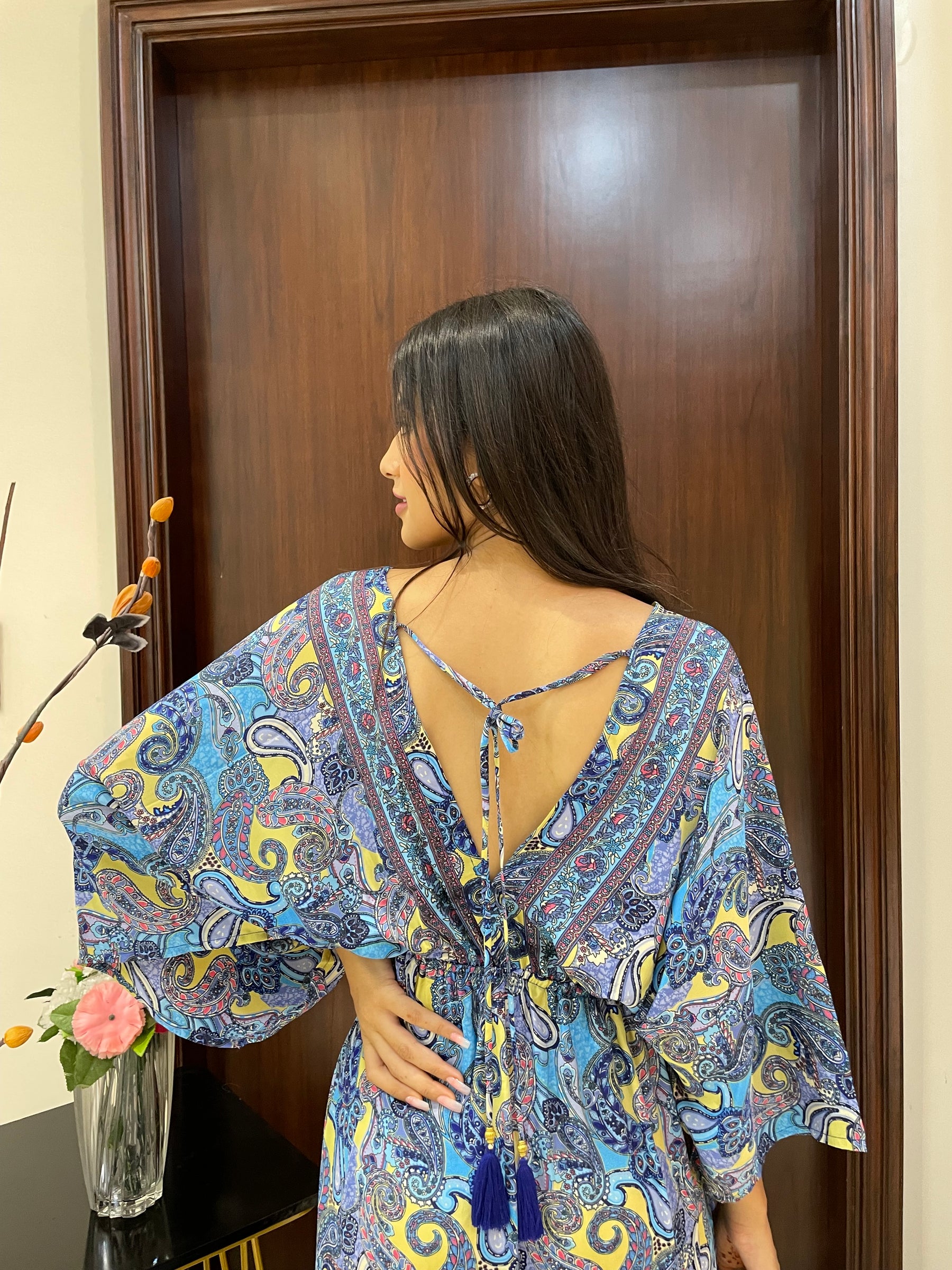 Kaftan pattern boho foil printed maxi dress in Blue