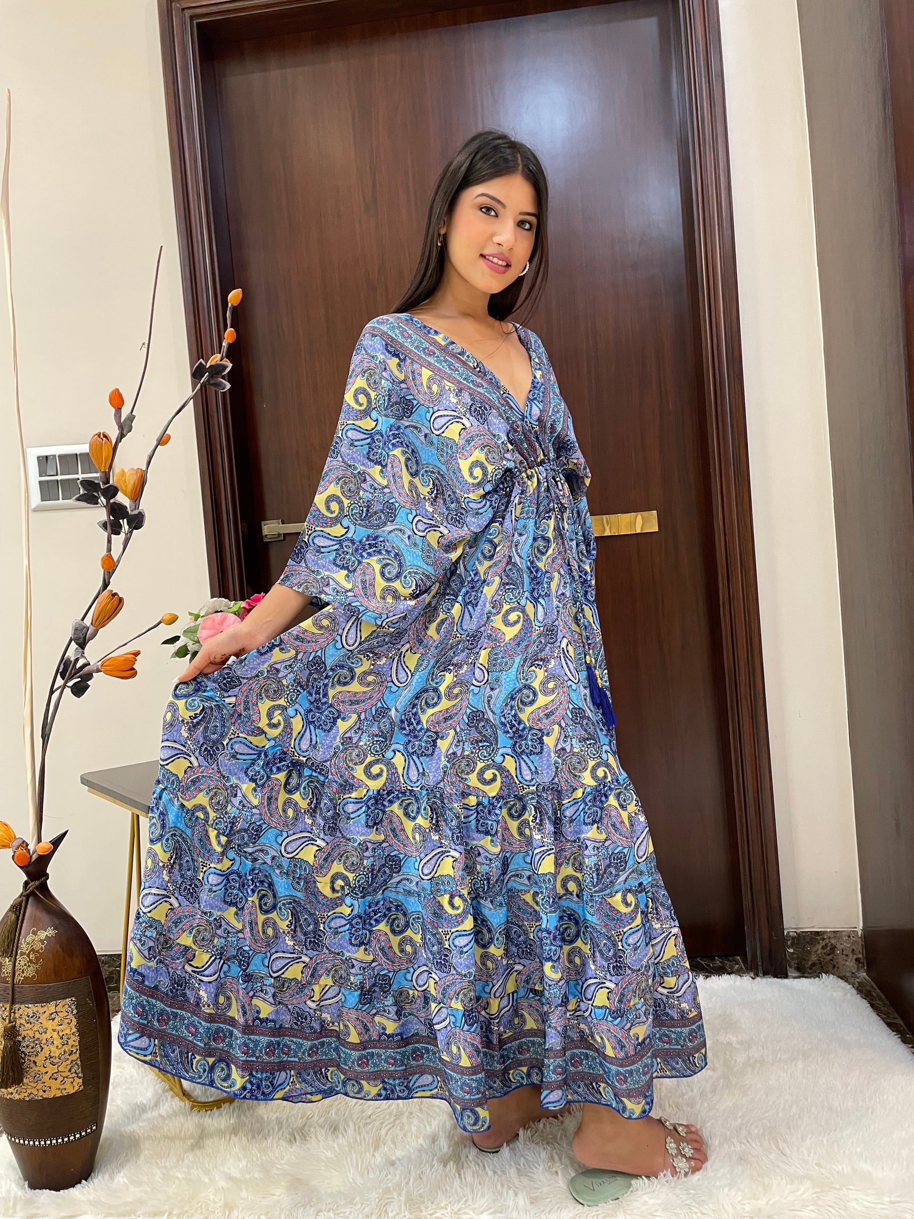 Kaftan pattern boho foil printed maxi dress in Blue
