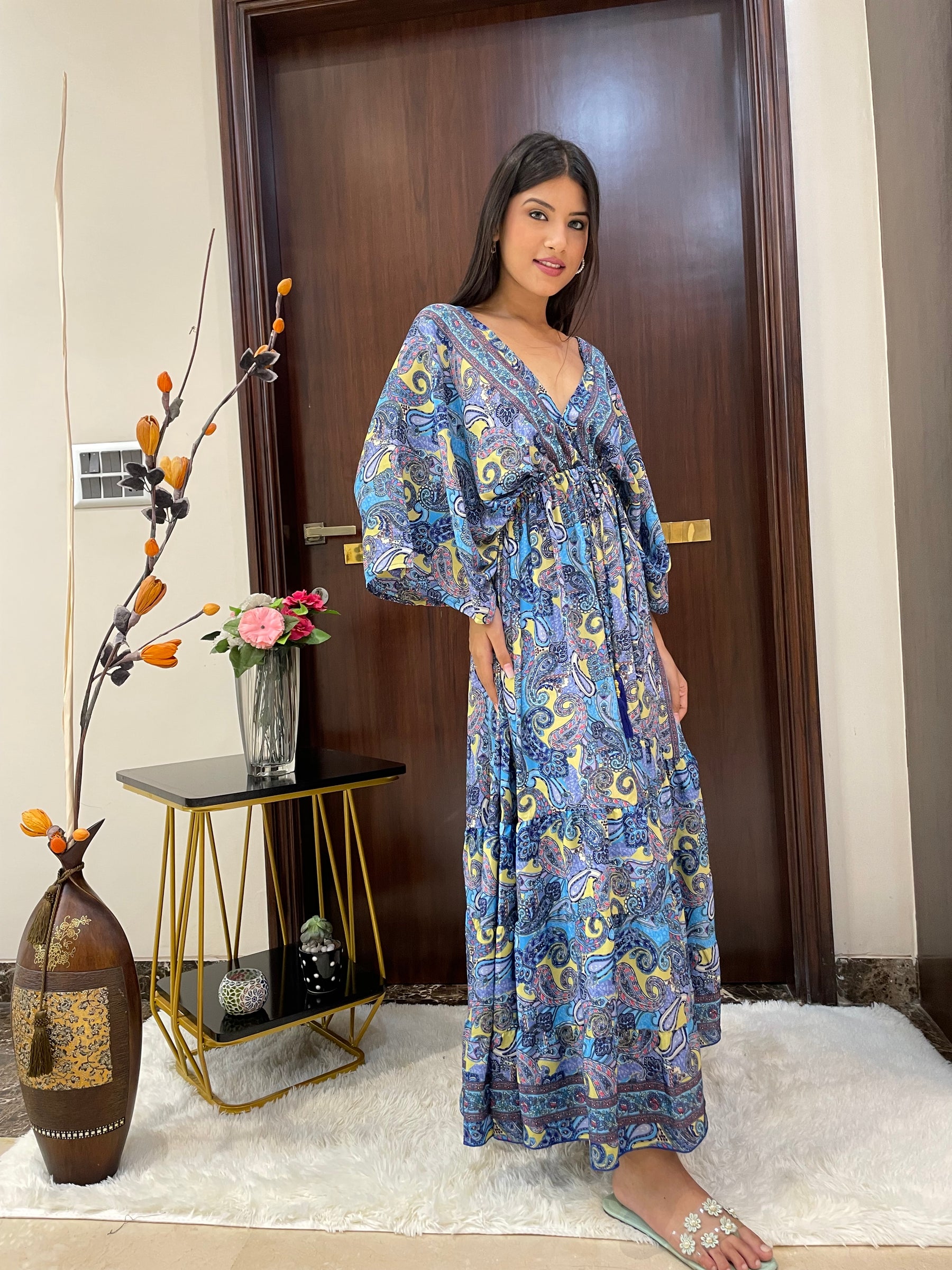 Kaftan pattern boho foil printed maxi dress in Blue