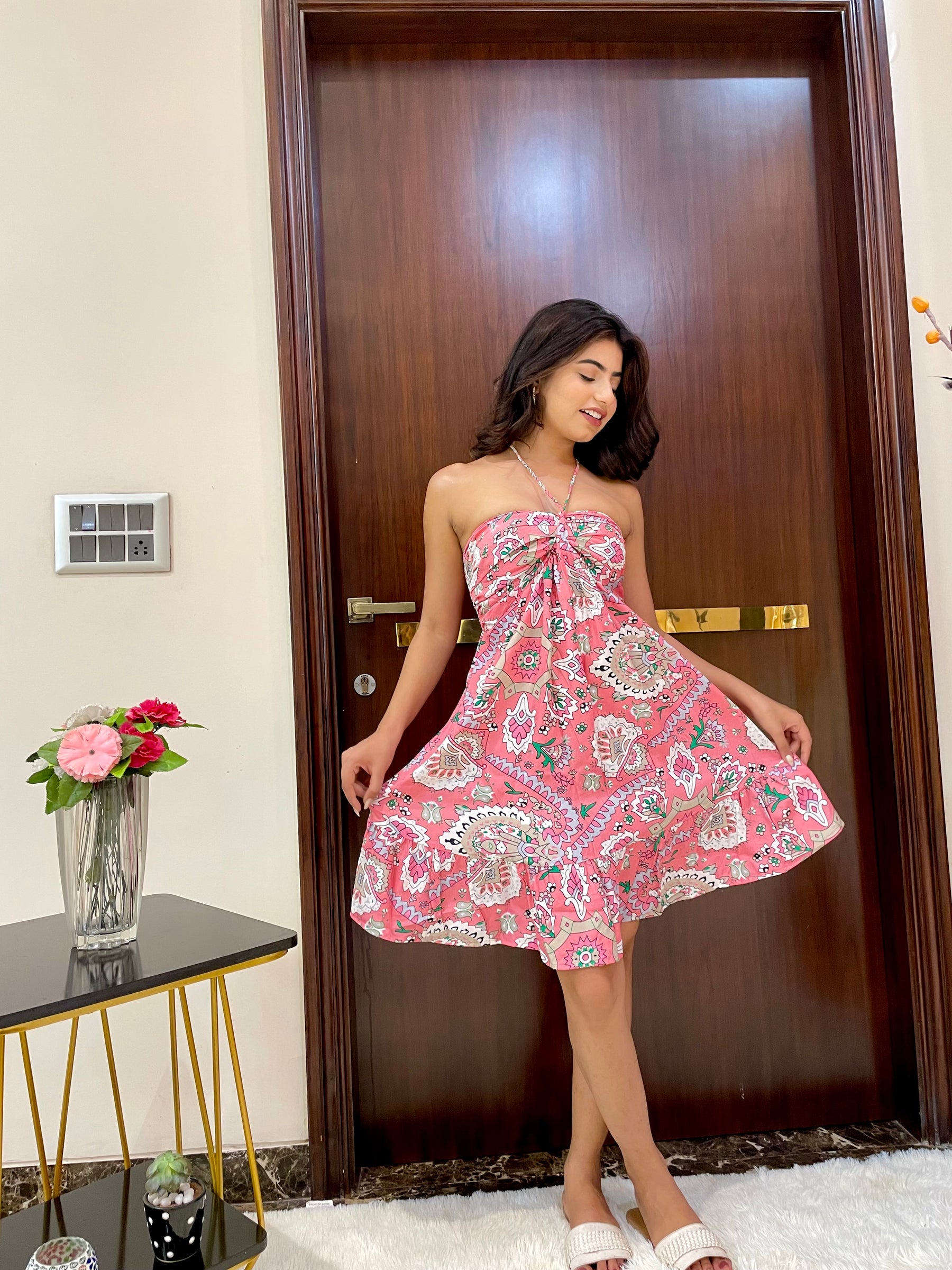 Ruched Bust Halter Neck Short Dress - Whispering Rose