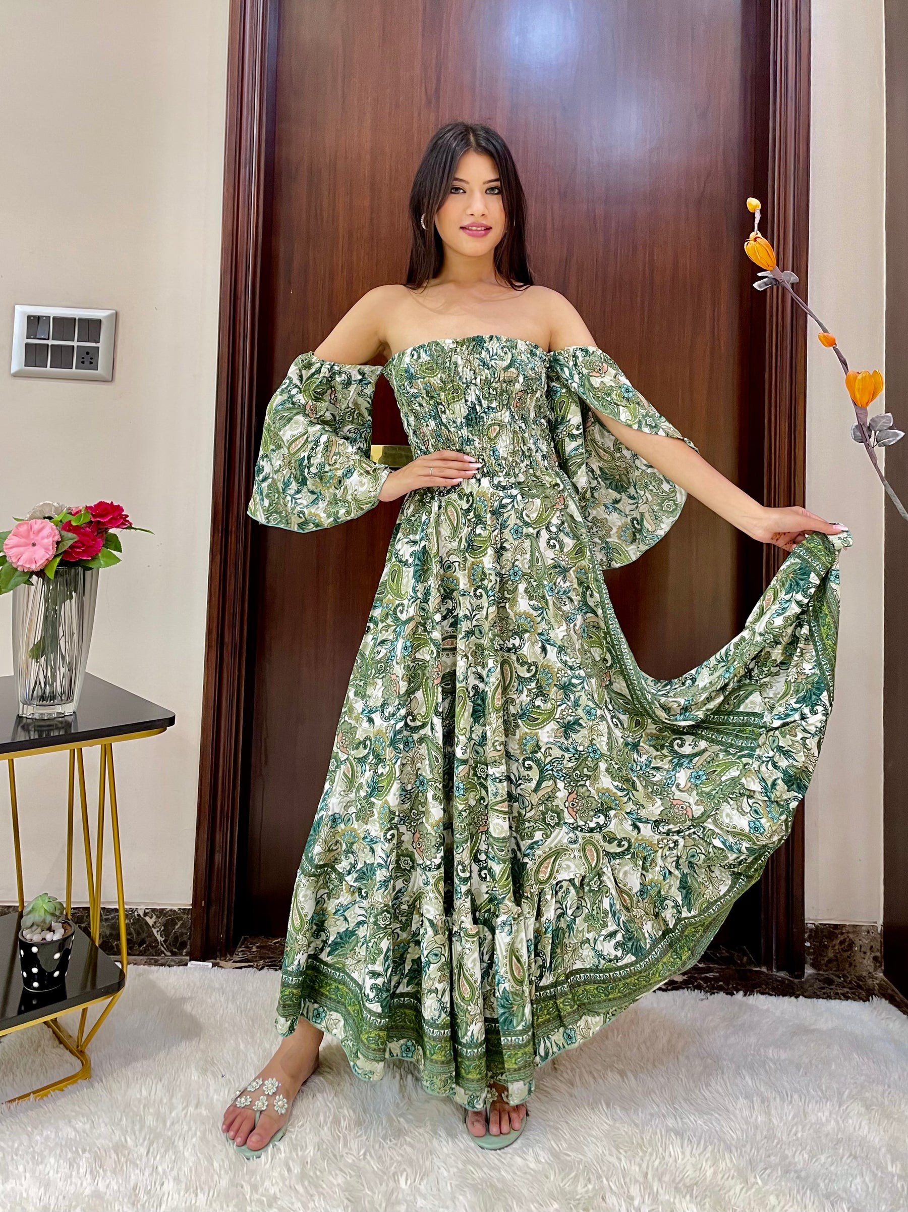 Off- Shoulder Boho Printed Maxi Dress - Vintage Paisley Charmer