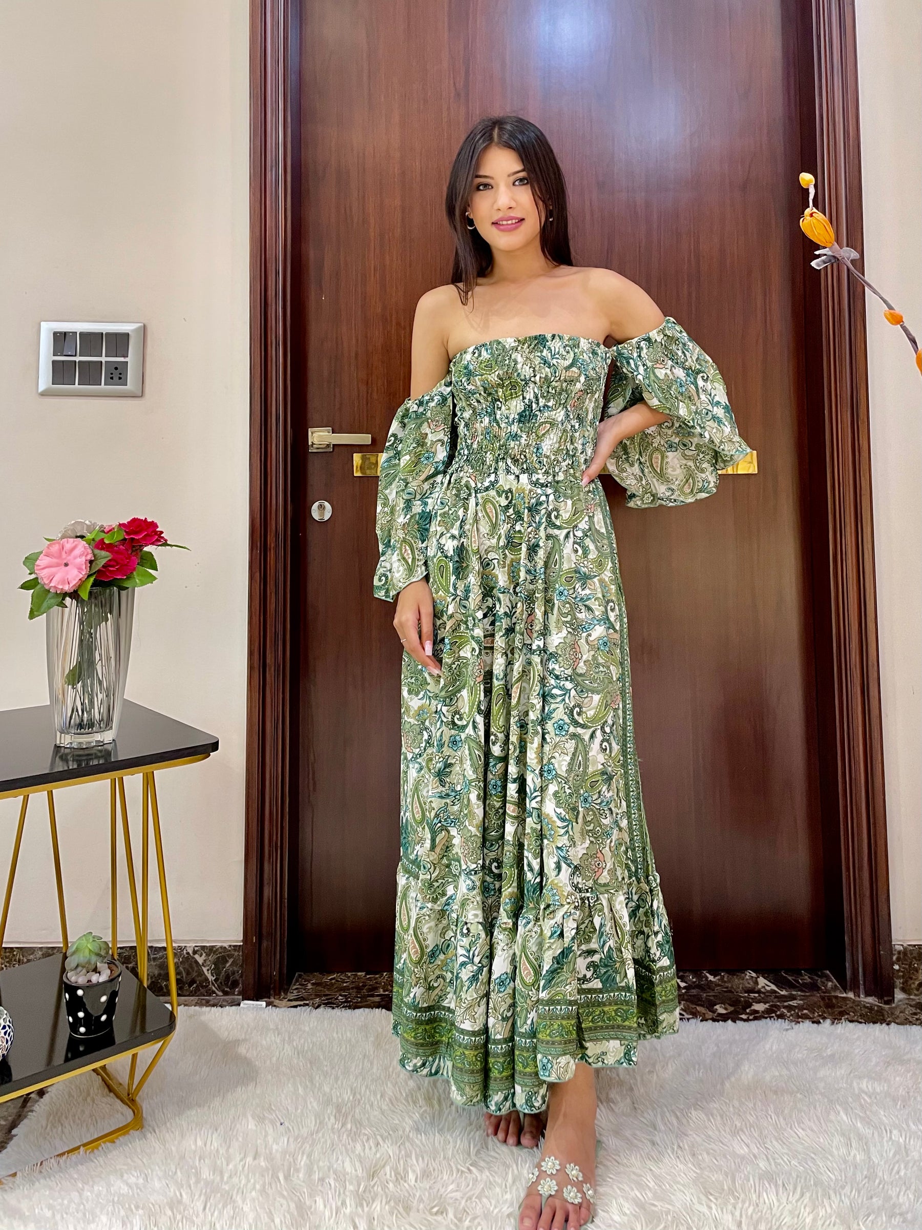 Off- Shoulder Boho Printed Maxi Dress - Vintage Paisley Charmer