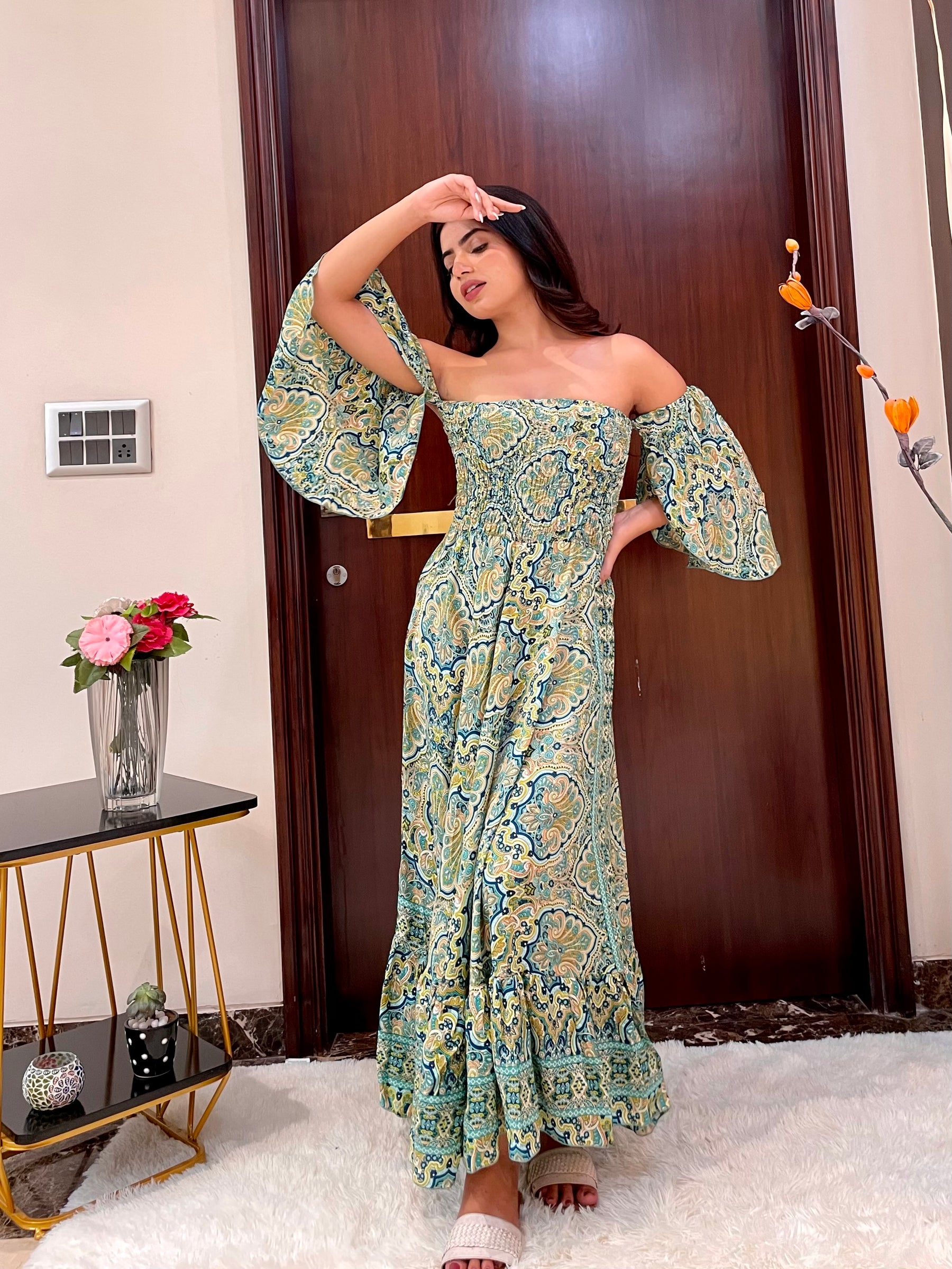 Off- Shoulder Boho Printed Maxi Dress - Fern Fantasy
