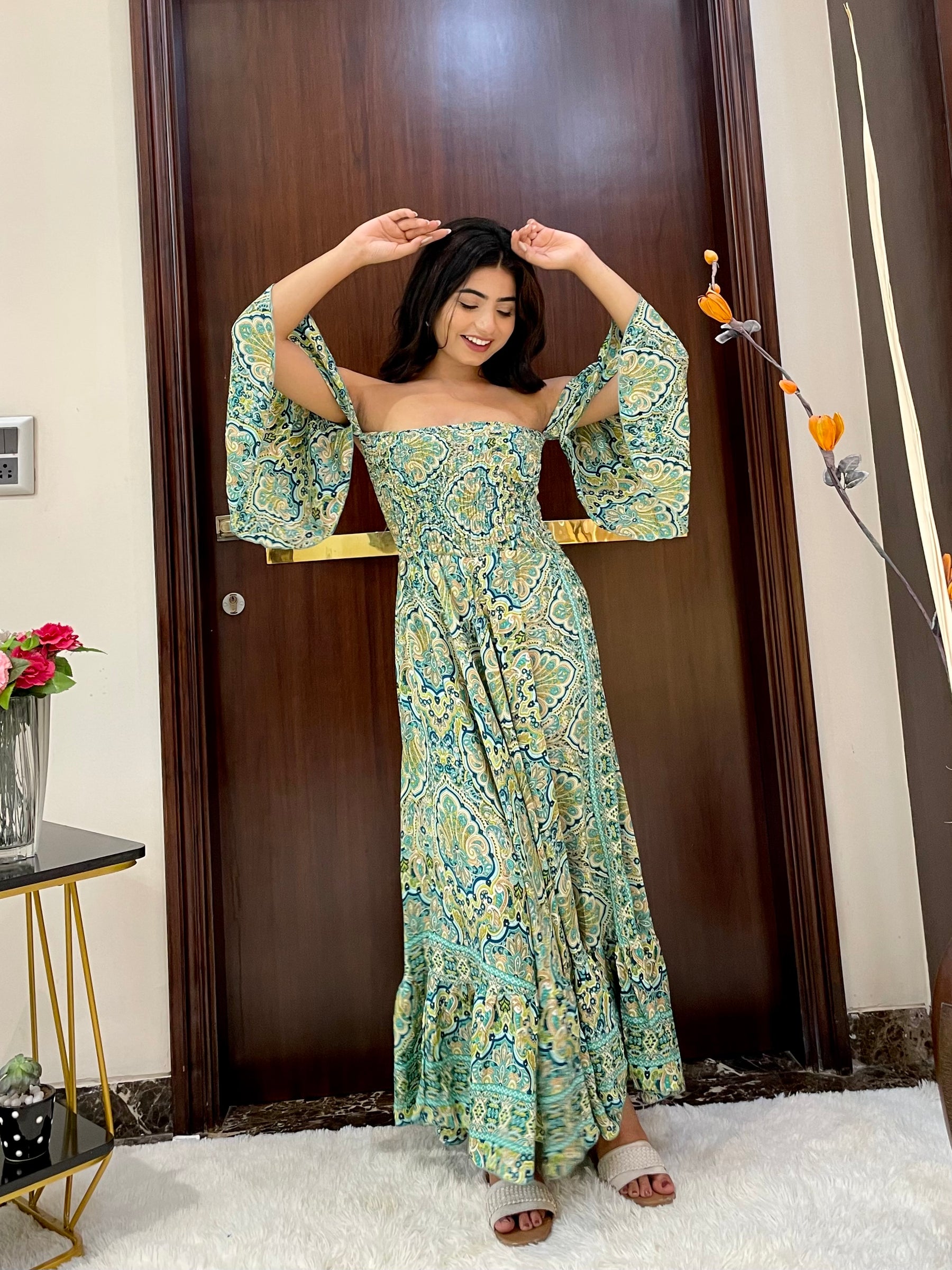 Off- Shoulder Boho Printed Maxi Dress - Fern Fantasy