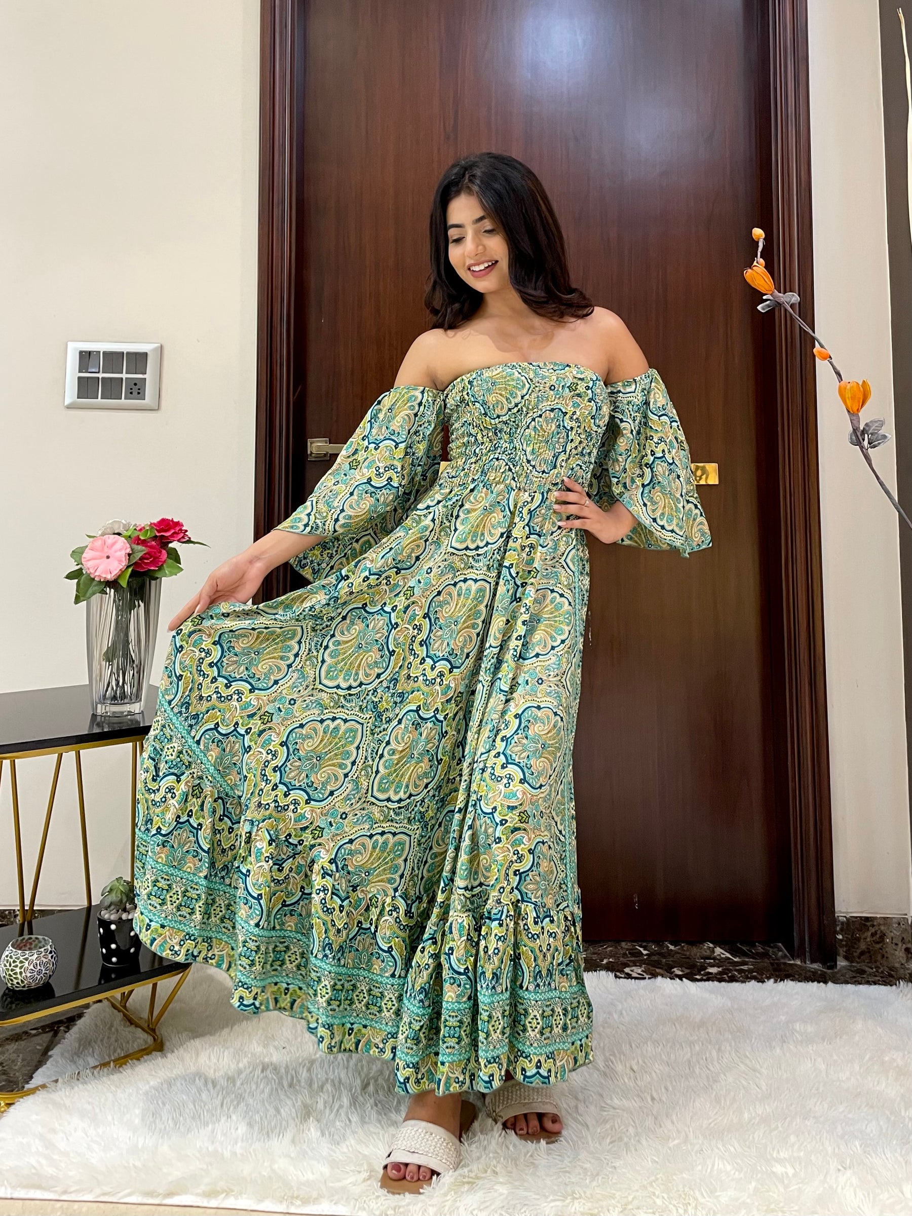 Off- Shoulder Boho Printed Maxi Dress - Fern Fantasy