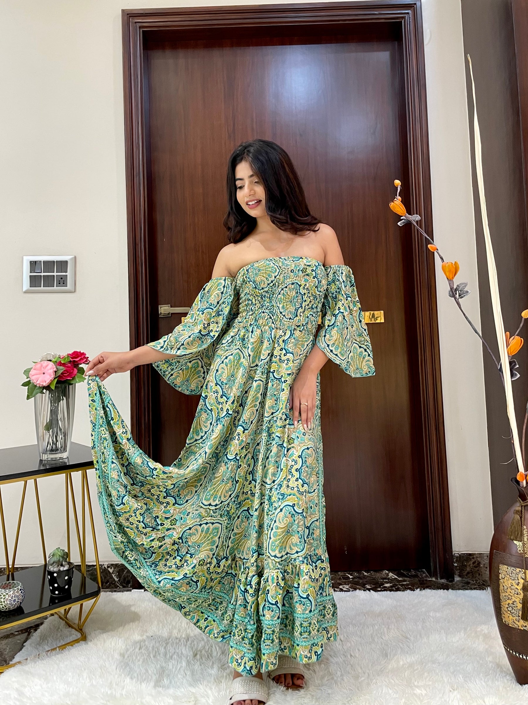 Off- Shoulder Boho Printed Maxi Dress - Fern Fantasy
