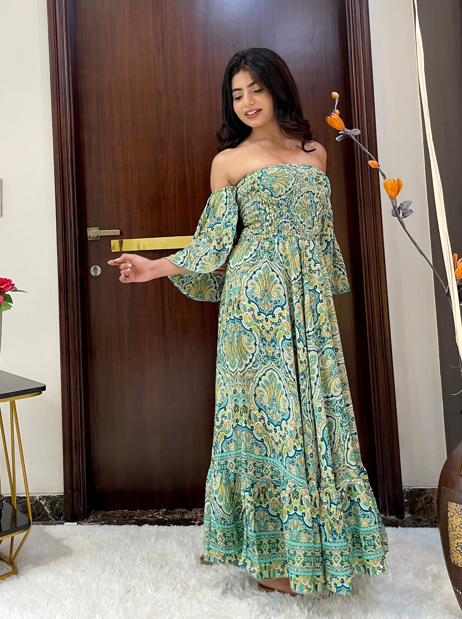 Off- Shoulder Boho Printed Maxi Dress - Fern Fantasy