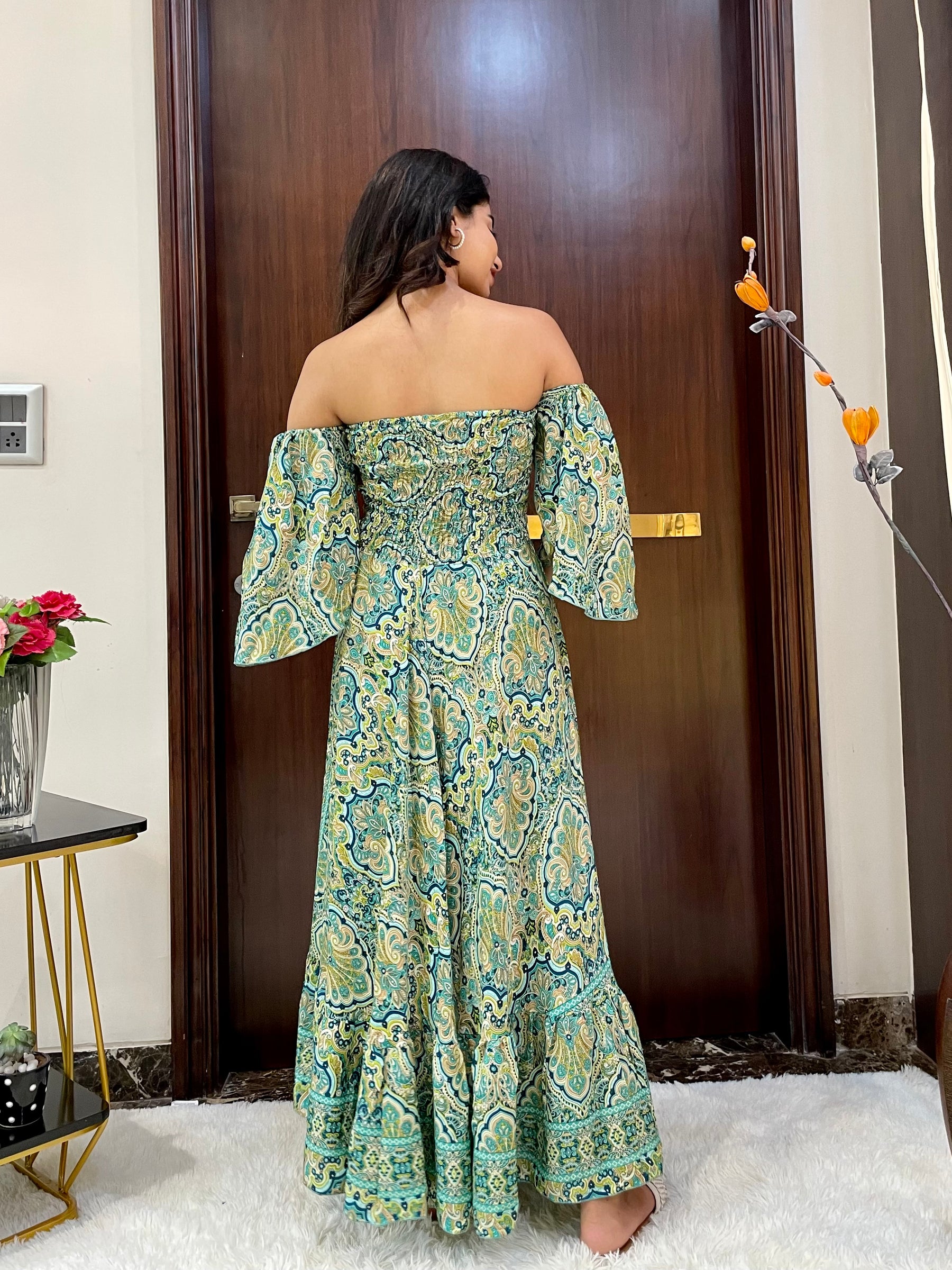 Off- Shoulder Boho Printed Maxi Dress - Fern Fantasy