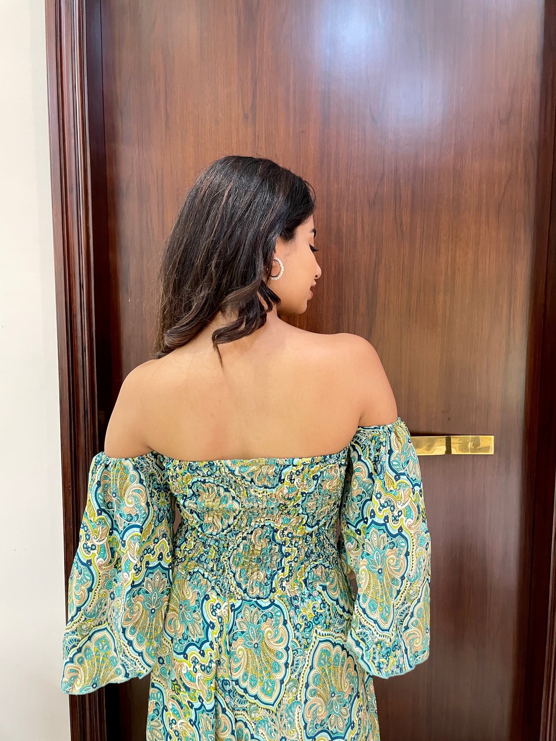 Off- Shoulder Boho Printed Maxi Dress - Fern Fantasy