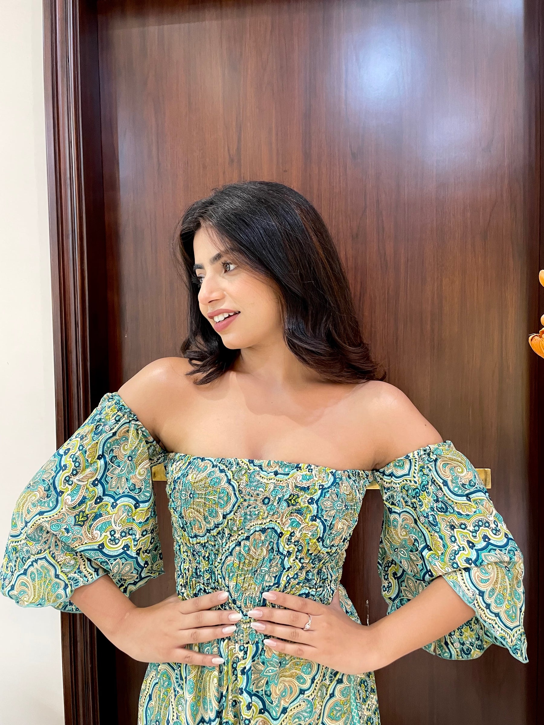 Off- Shoulder Boho Printed Maxi Dress - Fern Fantasy