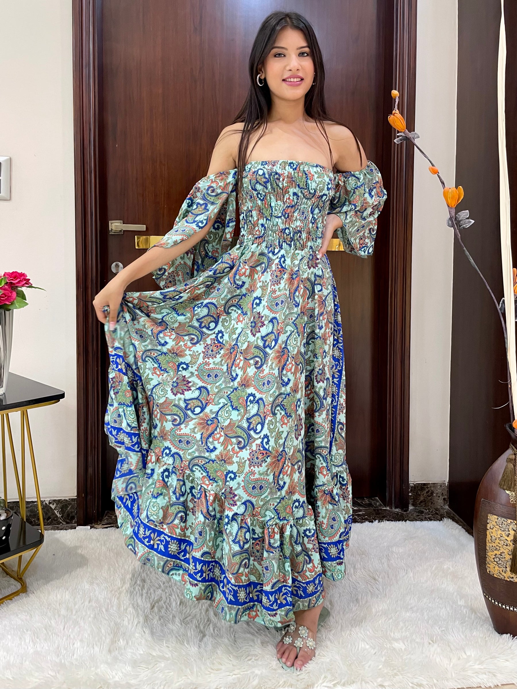 Off- Shoulder Boho Printed Maxi Dress - Seafoam Serenade