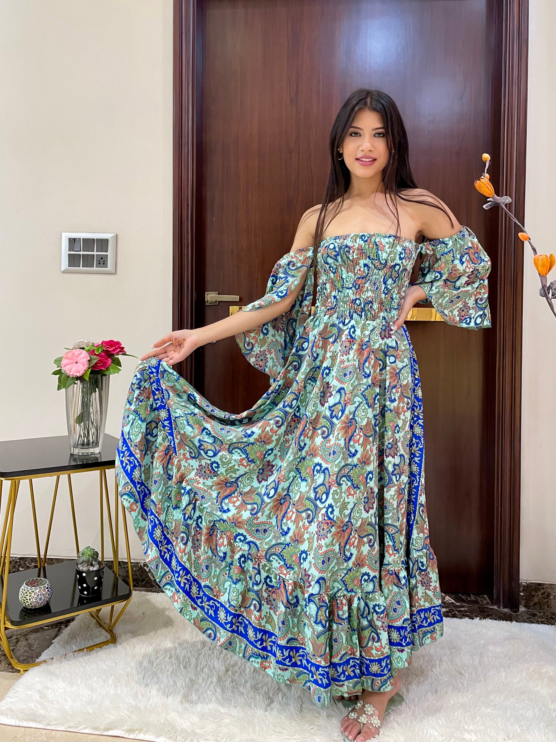 Off- Shoulder Boho Printed Maxi Dress - Seafoam Serenade