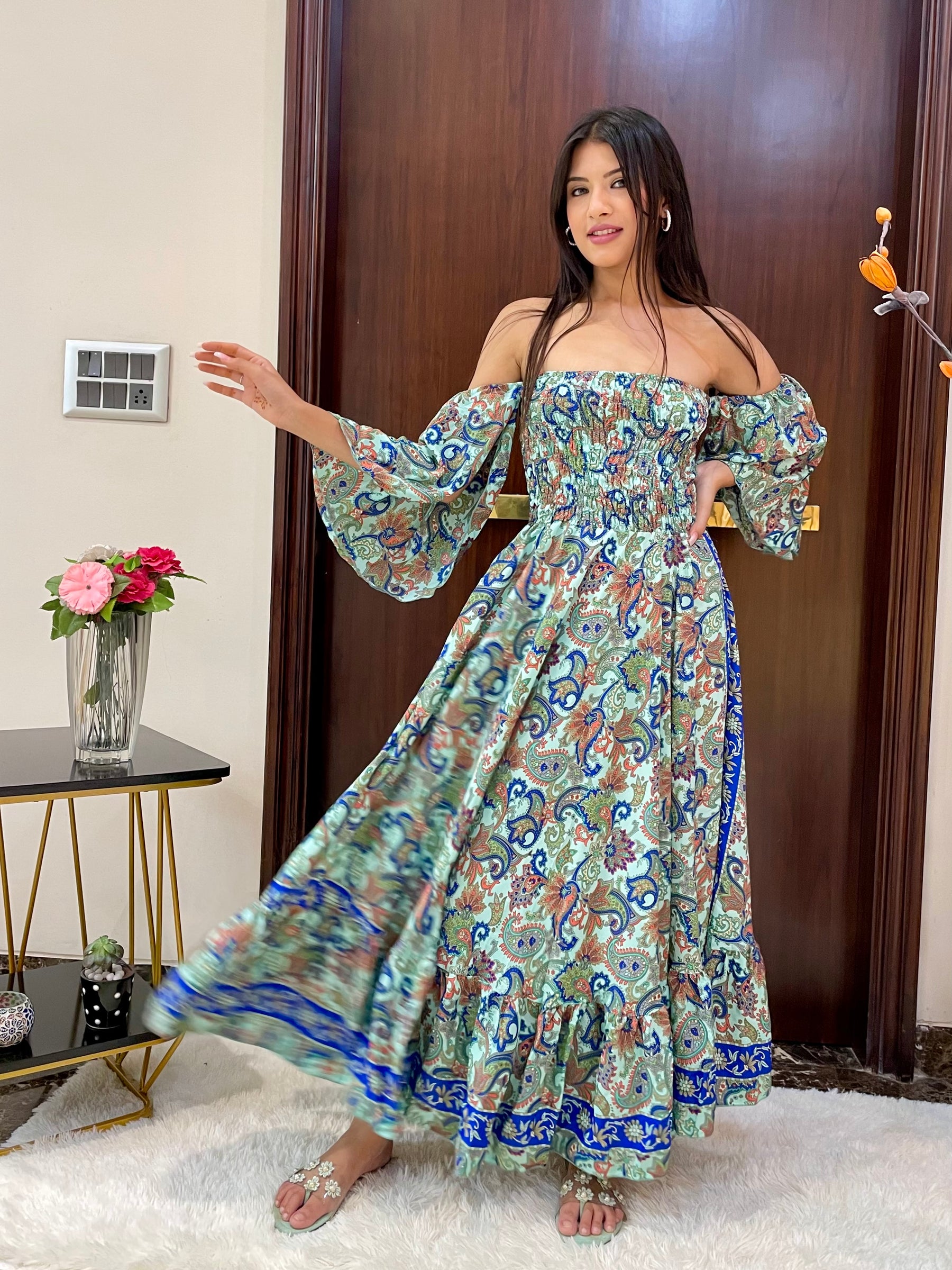Off- Shoulder Boho Printed Maxi Dress - Seafoam Serenade